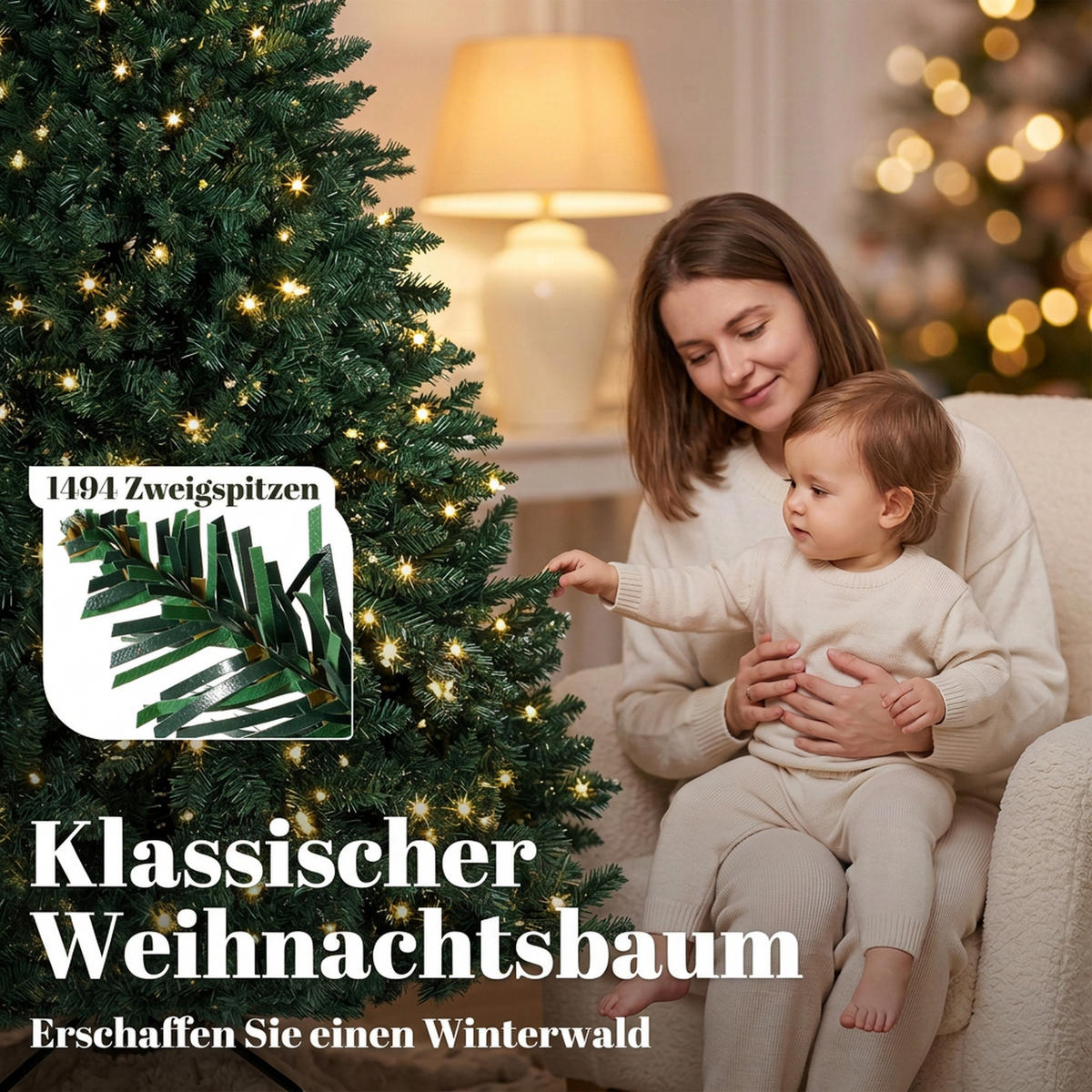 KÜNSTLICHER Weihnachtsbaum, 180 cm Christbaum mit 1494 Spitzen, 550 LED-Leuchte - Grün, Kunststoff (180cm) - HOMCOM