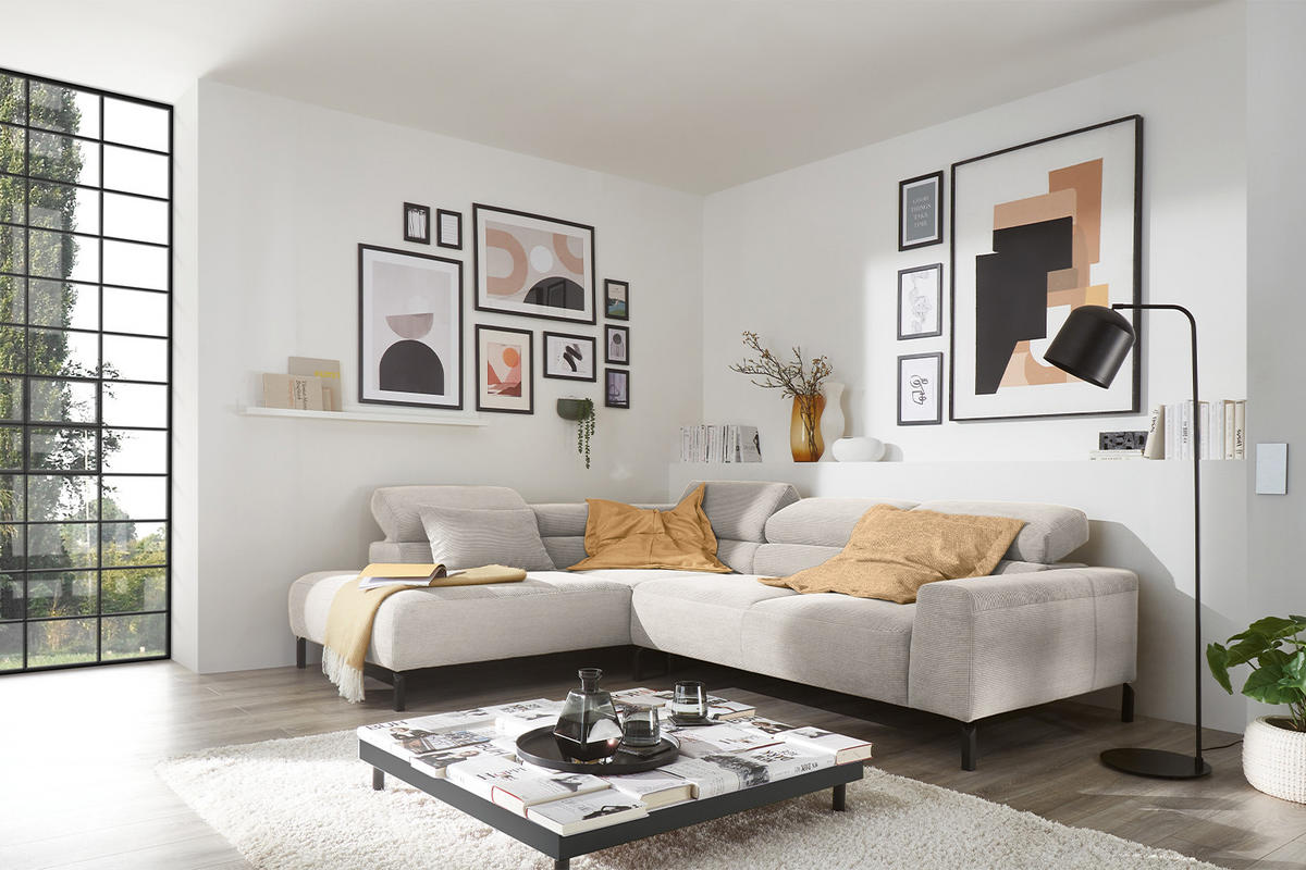 ECKSOFA DELIA Silber Cord - Silberfarben/Schwarz, Textil/Metall (276/219cm) - KAWOLA