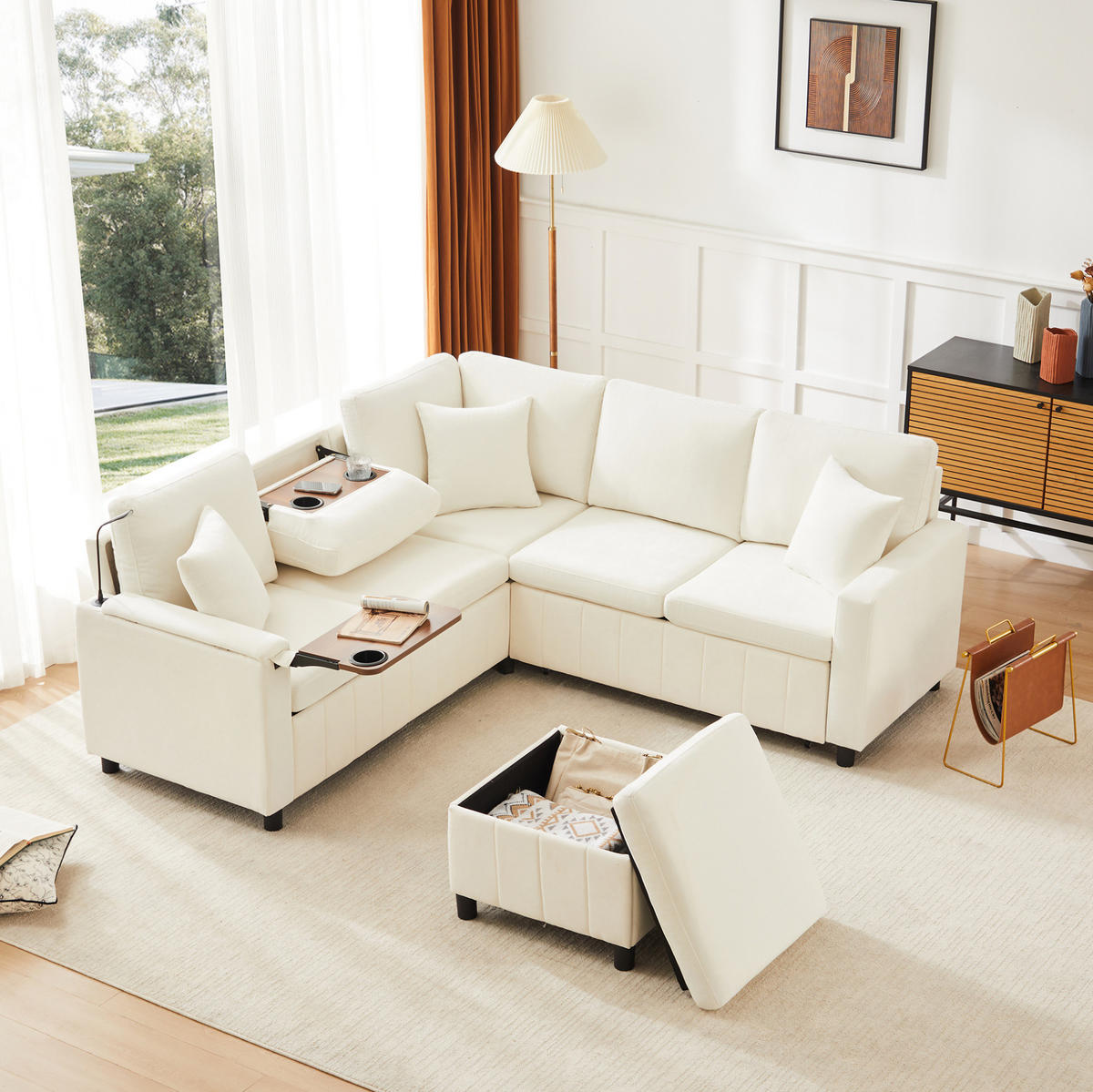 ROHOVÁ sedací souprava 205/205/85 cm béžová z chenille s funkcí spaní, USB a Type-C - béžová, textil (205/205cm) - OKWISH