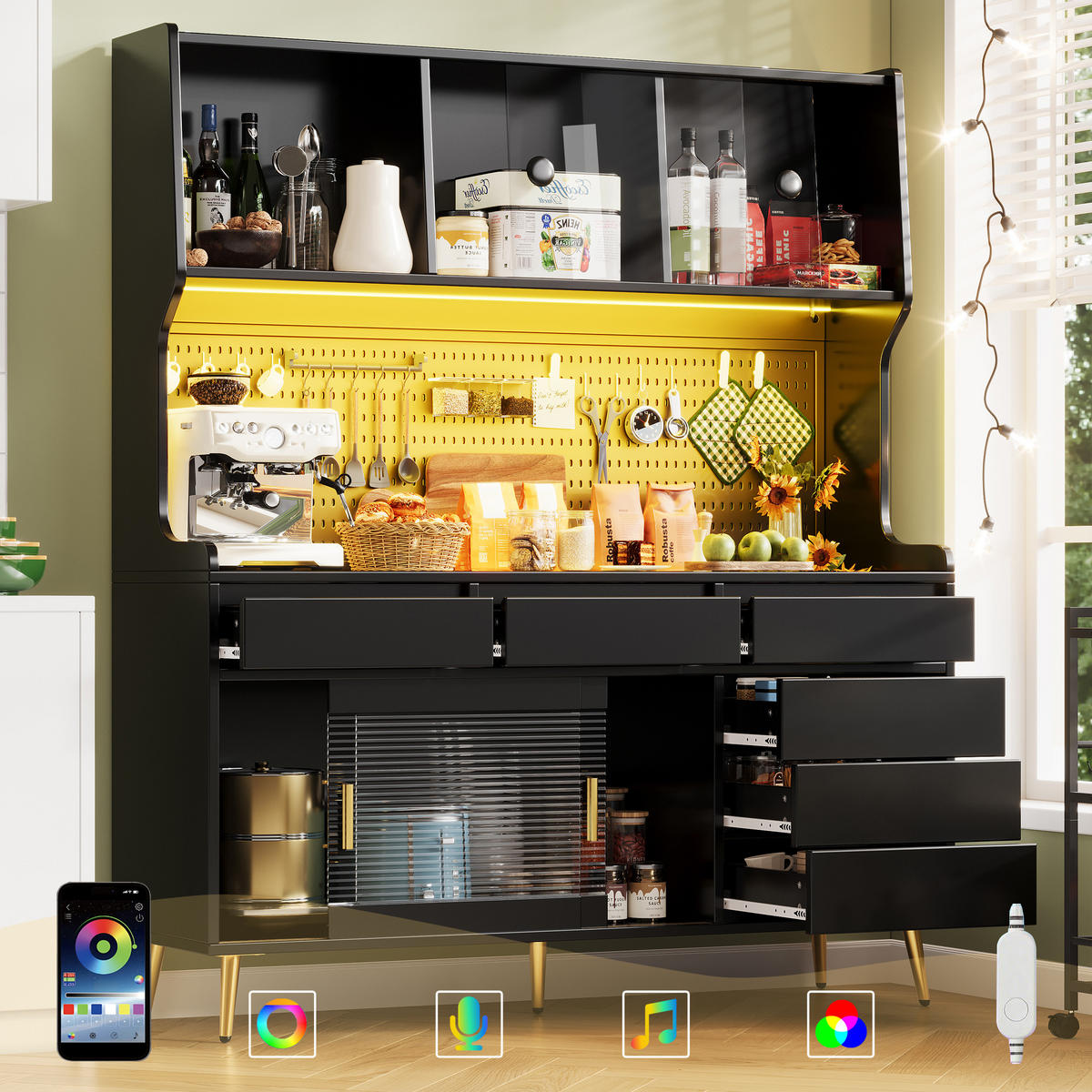 BUFFET Vitrinenschrank Schiebetüren LED Glas Metall Lochplatte moderne Stauraumlösung schmal - Goldfarben/Schwarz, Glas/Holzwerkstoff (144.9/171/39cm) - EVRYAE