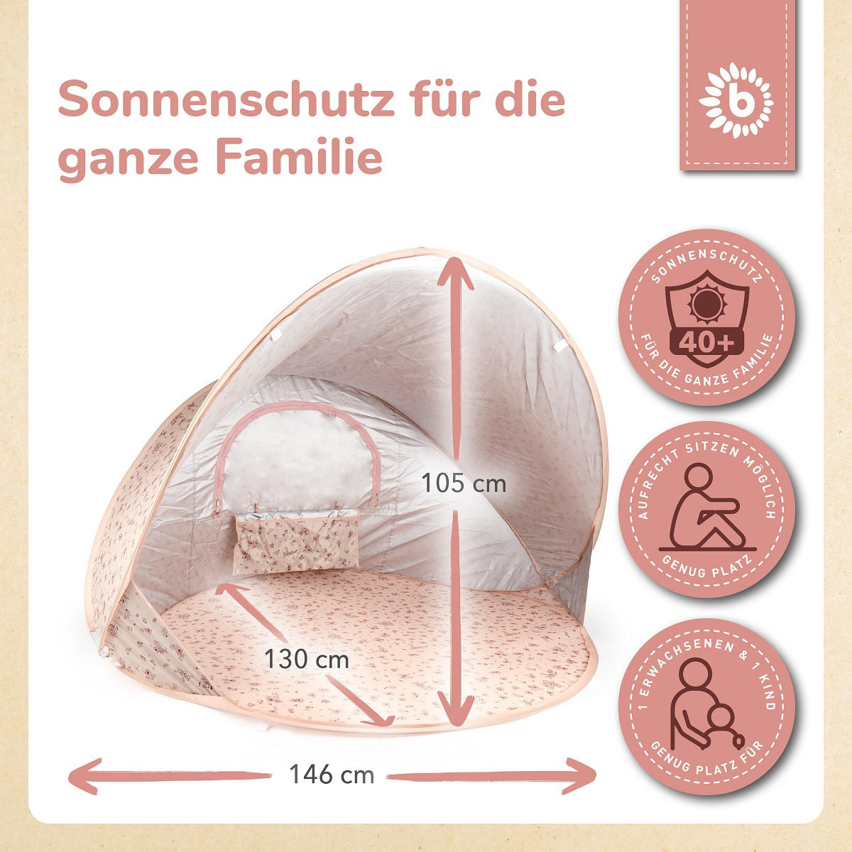 STRANDMUSCHEL Pop-up, UV-Schutz 40+ - Rosa, Textil (105/146cm) - Bieco Spielwaren
