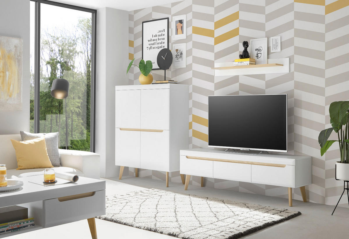 TV-LOWBOARD weiß matt, Eiche, skandinavisch 160 cm, TV-Unterteil mit Schubladen - Eichefarben/Weiß, Holz/Holzwerkstoff (160/50/40cm) - Furn.Design