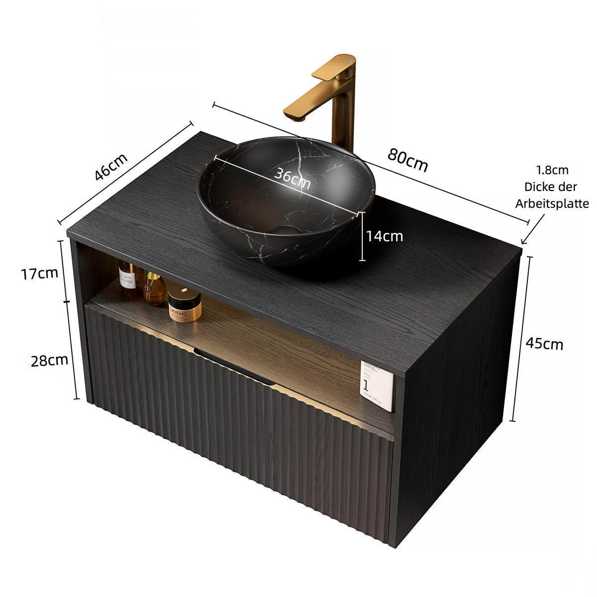 WASCHTISCHKOMBI 80x46x60.8cm in Schwarz mit Sensor-LED, Soft-Close & Massivholzfront - Schwarz, Keramik (80/60.8/46cm) - Modfu