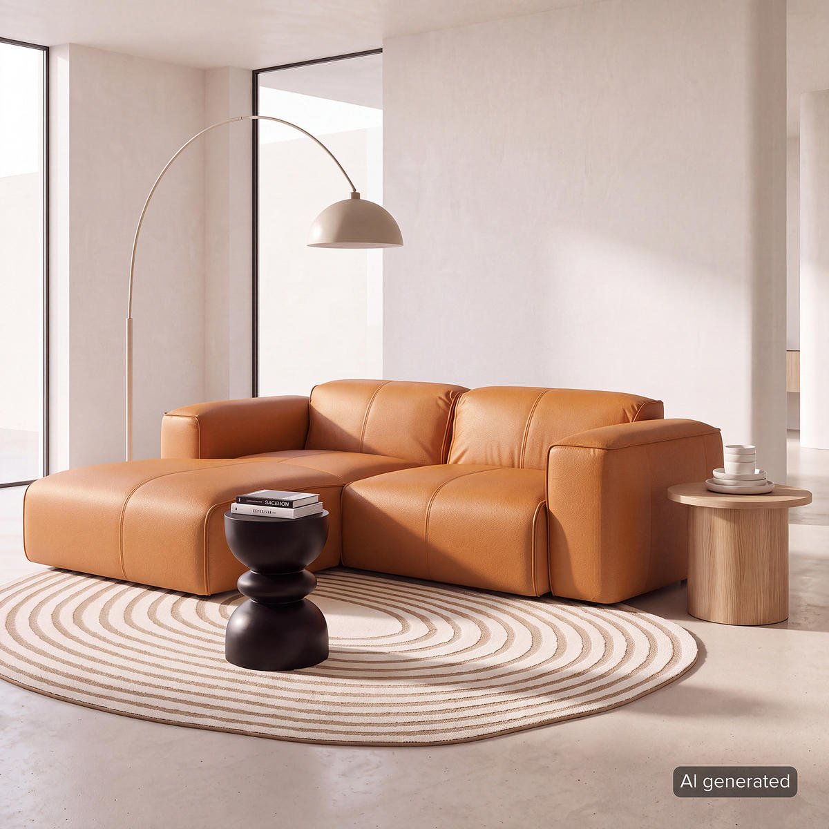ECKSOFA mit XL-Longchair - Cognac/Schwarz, Leder/Kunststoff (260/171cm) - home24