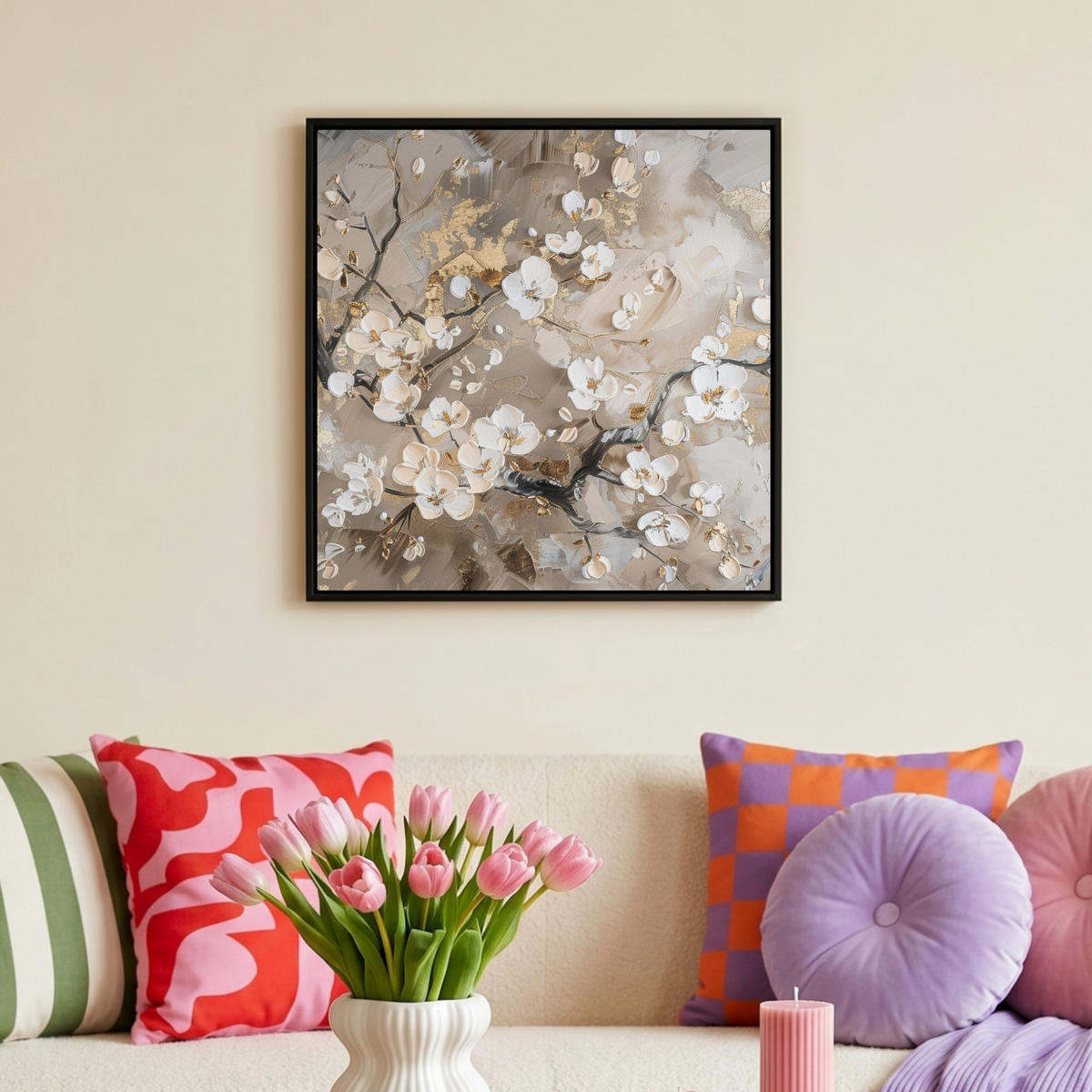 LEINWAND Bilder mit Rahmen - Blumen - Weiß - Gold - Beige - Luxus - 50x50 - Greige, Textil (50/50cm) - MuchoWow