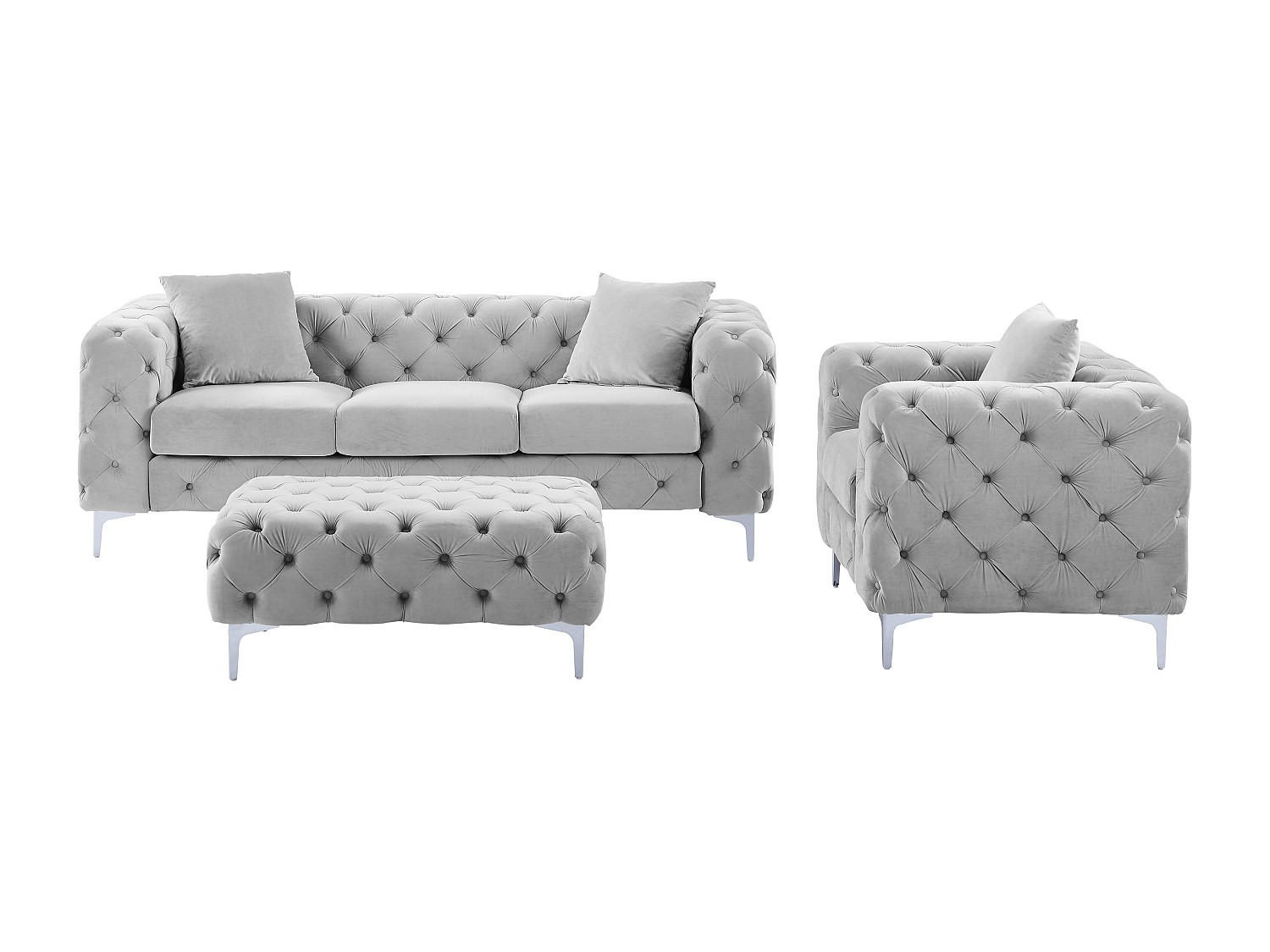 COUCHGARNITUR mit Sessel - 5 Personen - Samt, Stoff - Hellgrau - EDWINA - Hellgrau, Textil (103/76/62cm) - Vente-Unique