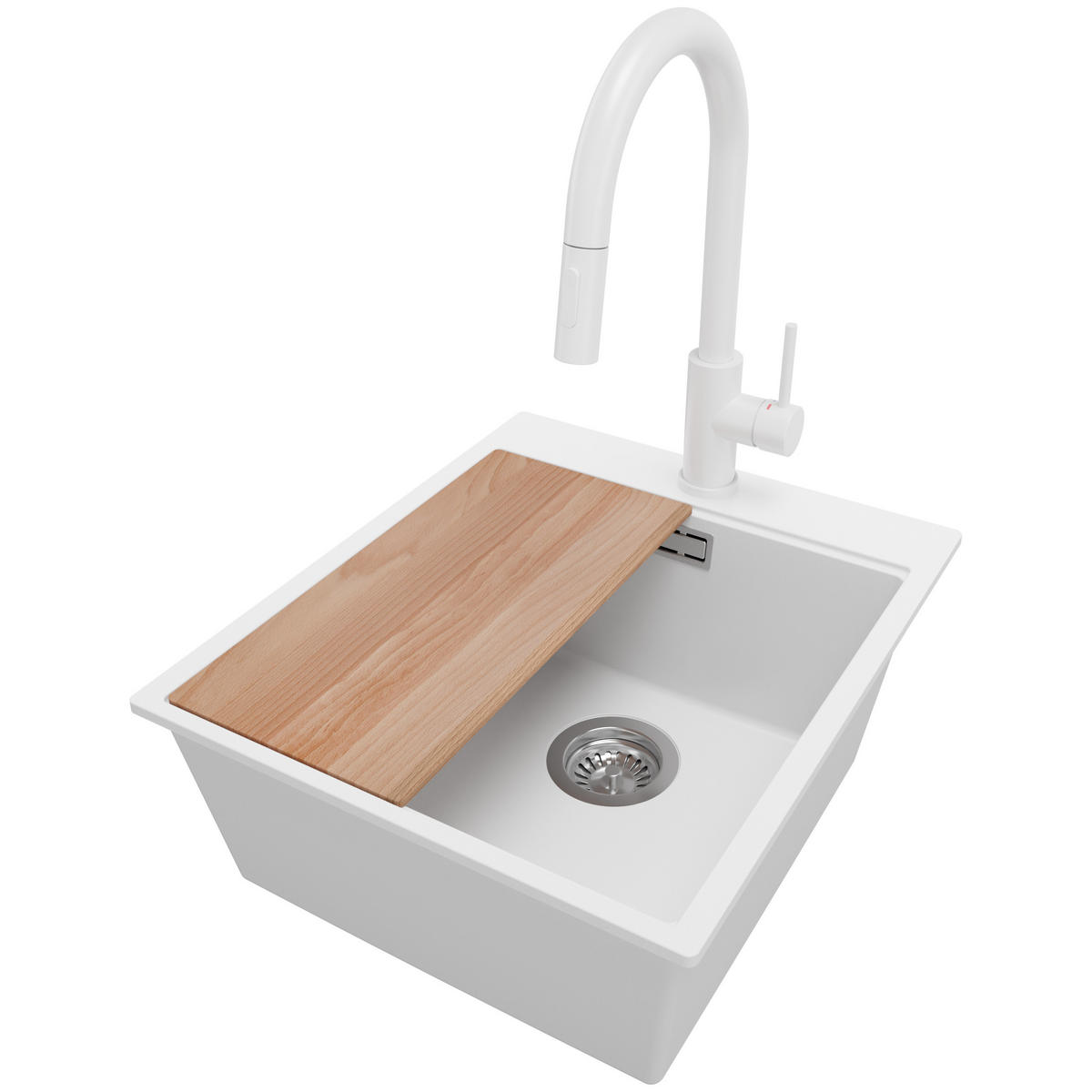 GRANITSPÜLE Oslo, 2-er set Weiß 43/50 cm 1 Becken + Küchenarmatur 40/20 cm + Ablauf-Set + Schneidebrett ab 45er Unterschrank - Chromfarben/Beige, Kunststoff (43/20/50cm) - Primagran