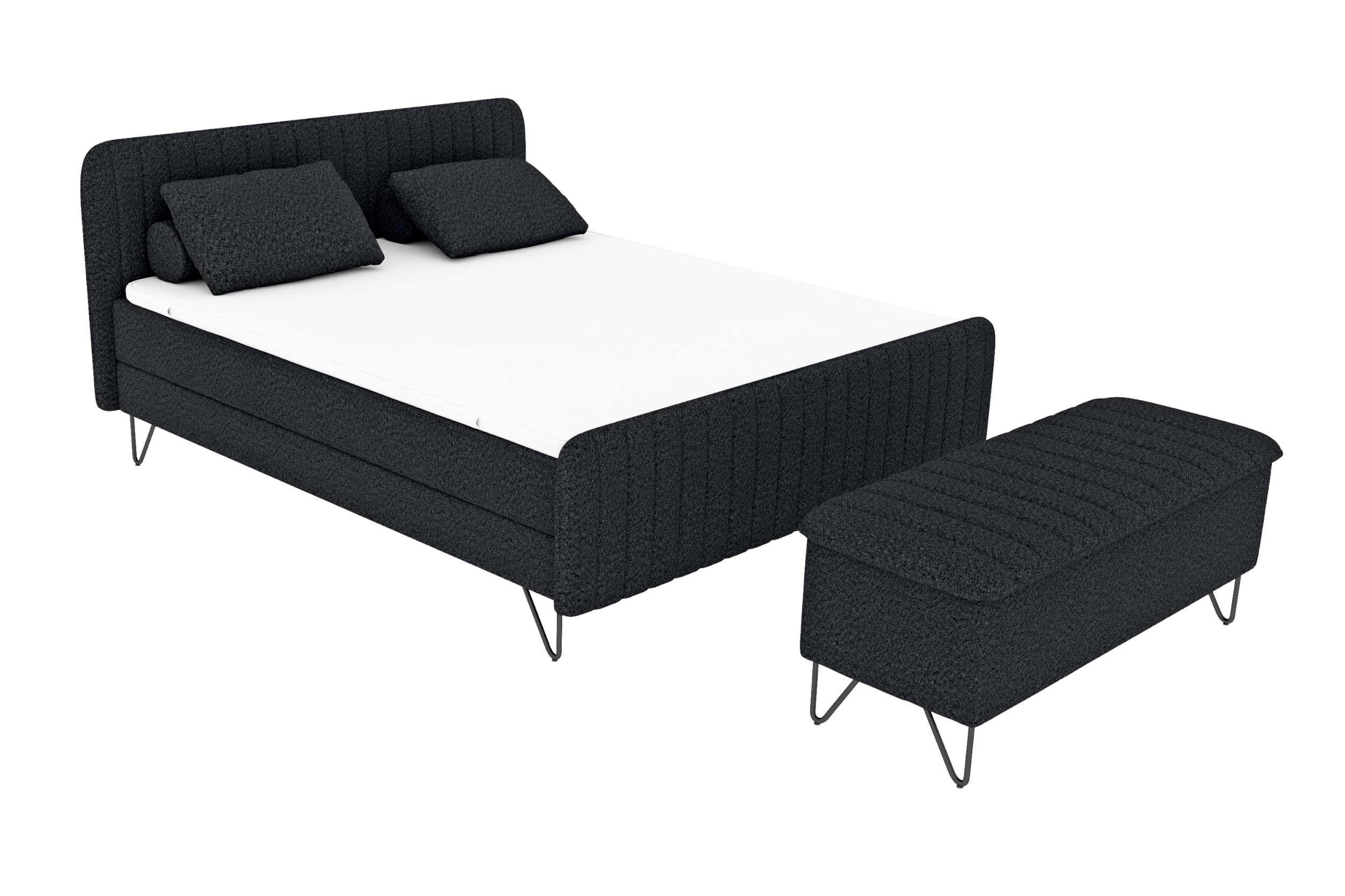 BOXSPRINGBETT LUCIO mit Hocker Bouclé-Stoff Schwarz 160/200 cm - Schwarz, Textil/Metall (160/200cm) - 99rooms