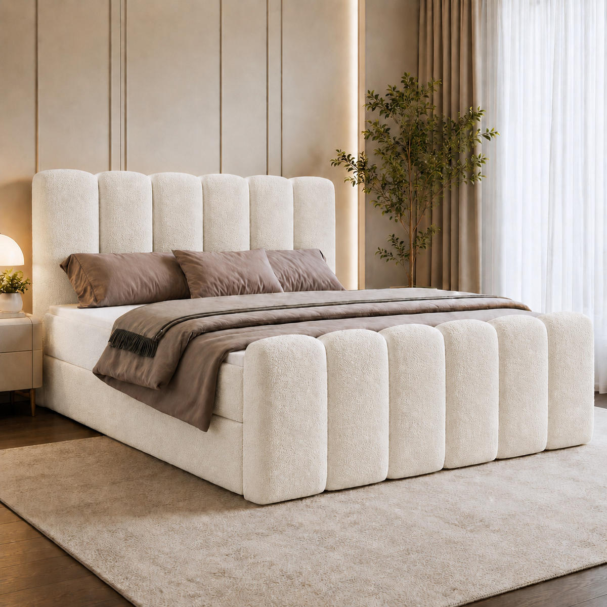 BOXBETT NOLA 180x200 mit Bettkasten, Matratze & Topper – Weiß Bouclé - Weiß, Textil (180/200cm) - Luxkor24