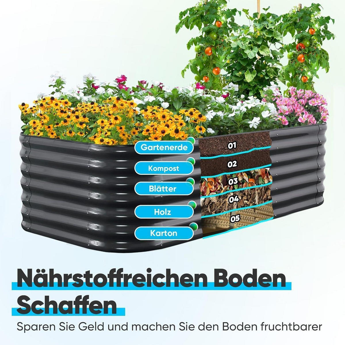 HOCHBEET Metall Grau 201 x 107 x 62 cm - Schwarz, Metall (107/62/201cm)