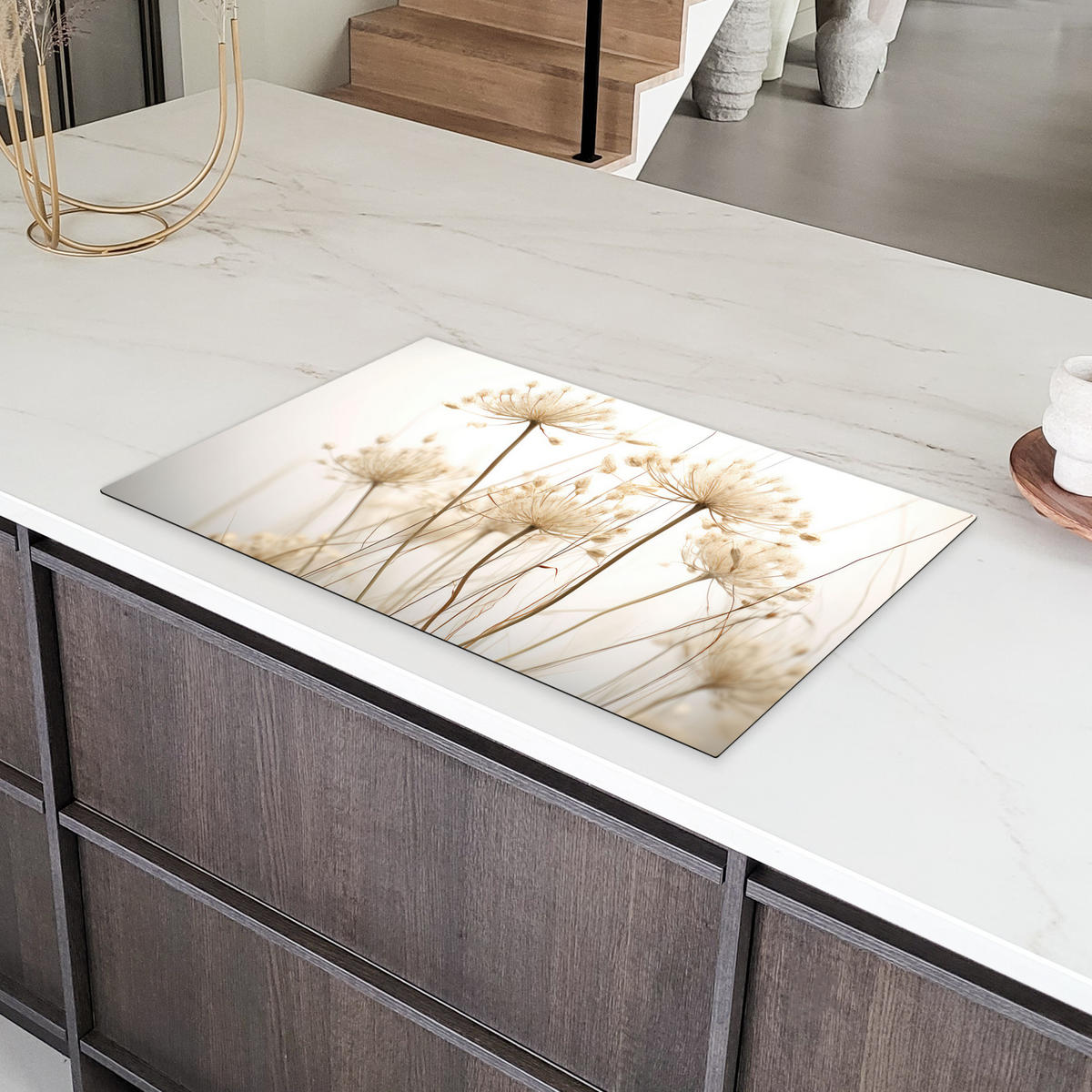 HERDABDECKPLATTE Blumen - Weiß - Sonnenlicht Induktionsmatte 83x51 cm - Ecru, Kunststoff (83/51.5/0.2cm) - MuchoWow