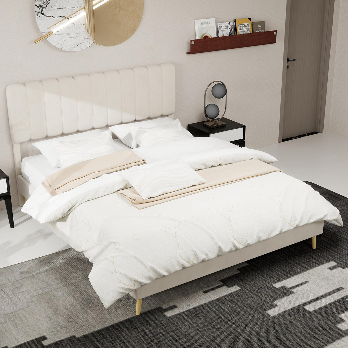 POLSTERBETT 160/200 cm in Beige Samt - Beige, Holzwerkstoff/Textil (160/200cm) - WISHDOR