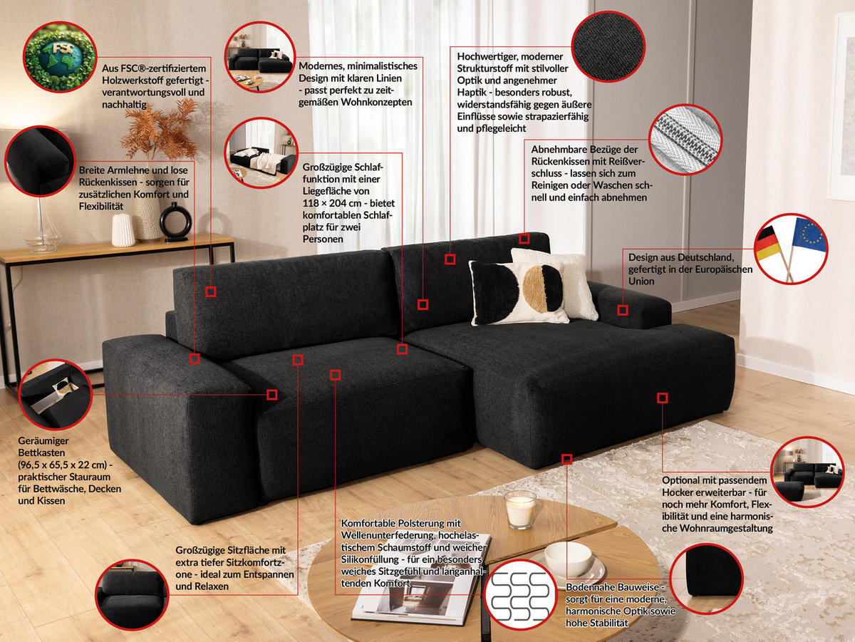 ECKSOFA Lennon aus Schwarz Strukturstoff mit Schlaffunktion und Bettkasten - Schwarz, Holz/Kunststoff (264/137cm) - S-Style