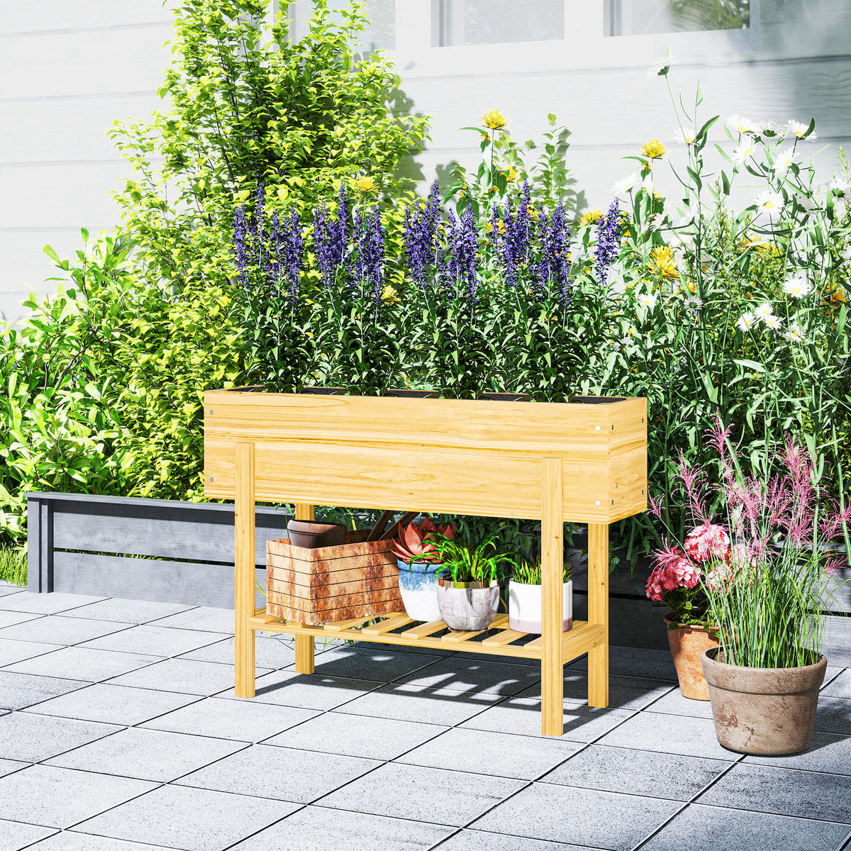 HOCHBEET DE-16005 mit Ablagefläche und Drainage Naturholz - Naturfarben, Holzwerkstoff (100/70.5/30cm) - ComfortXL