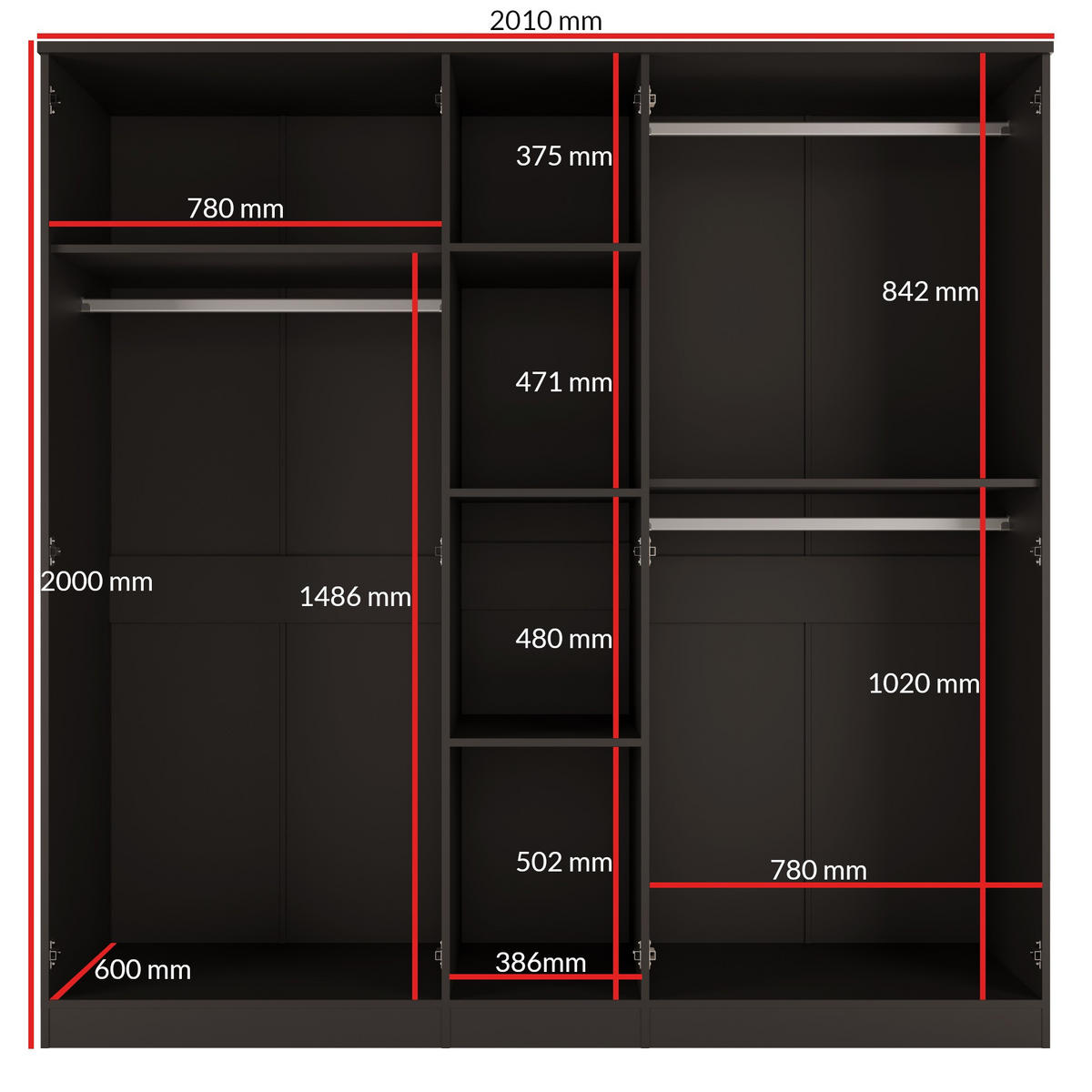 DREHTÜRENSCHRANK mit Spiegel Monza 5D 200 Schwarz - Schwarz/Grau, Holzwerkstoff/Metall (200/200/60cm) - mzm24