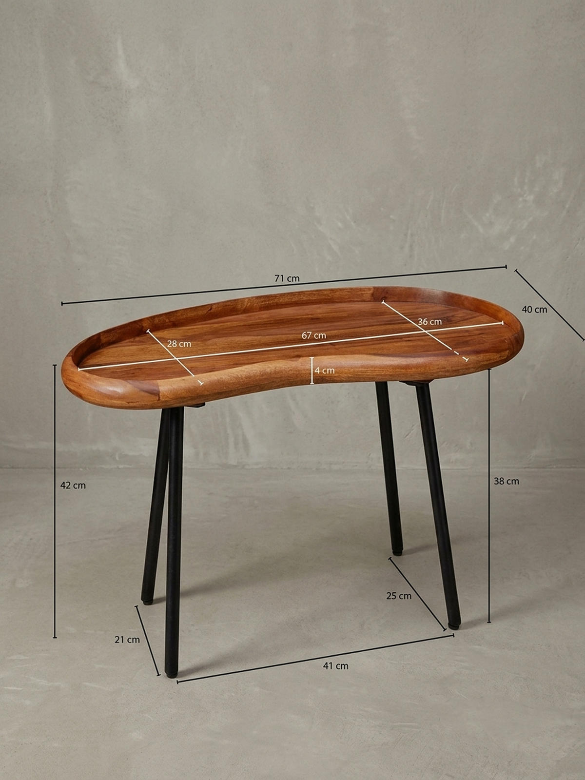COUCHTISCH Massivholz mit Metallbeinen, Nierenform, Handgefertigt, Braun 71x40x42 cm - Schwarz/Braun, Holz/Metall (40/71/42cm) - KADIMA DESIGN