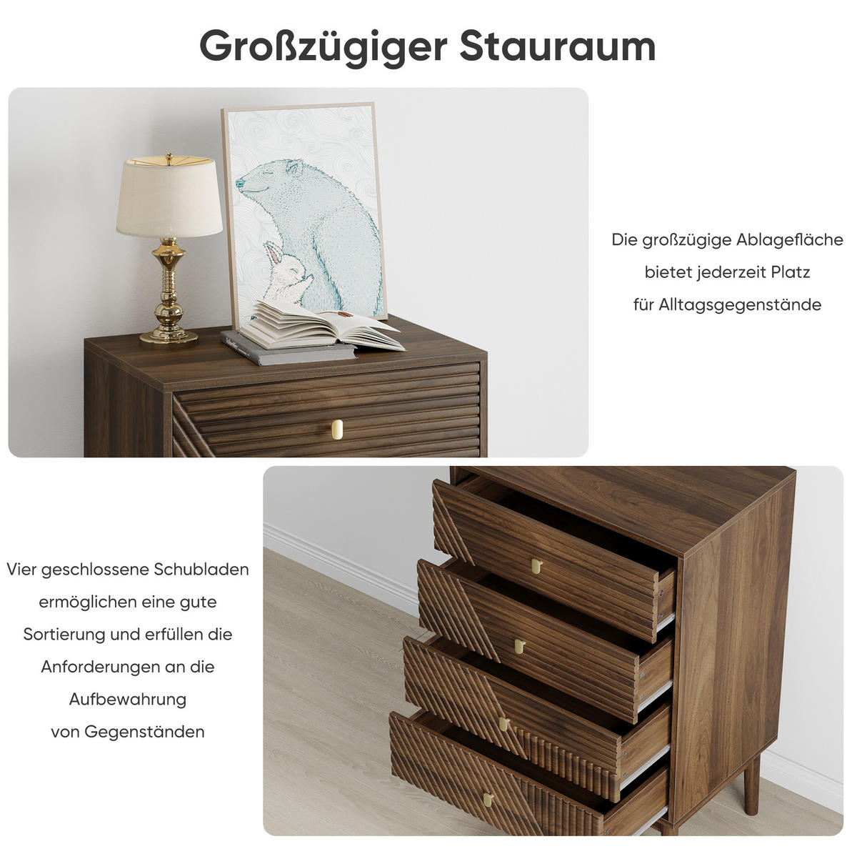 KOMMODE aus MDF und Spanplatte 60x40x90 cm Walnuss mit 4 Schubladen im Mid-Century-Stil - Walnussfarben, Holzwerkstoff (60/90/40cm) - Modfu