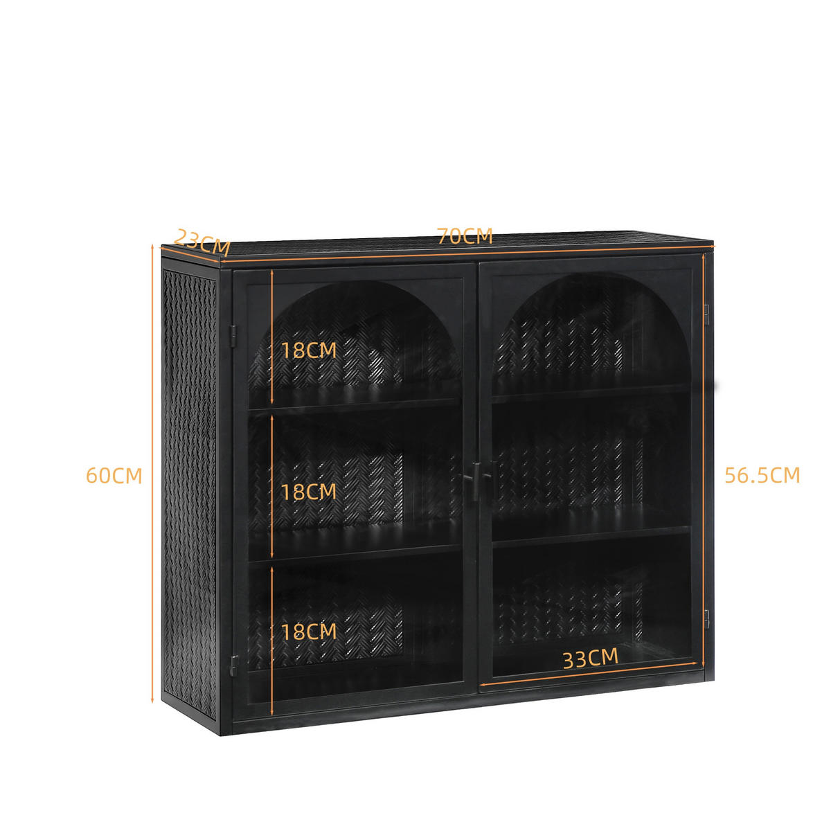 KÜCHENOBERSCHRANK 70x23x60 cm Schwarz aus Metall & Glas mit gewebtem Design & 3 Ablagen - Schwarz, Glas (70/60/23cm) - Modfu