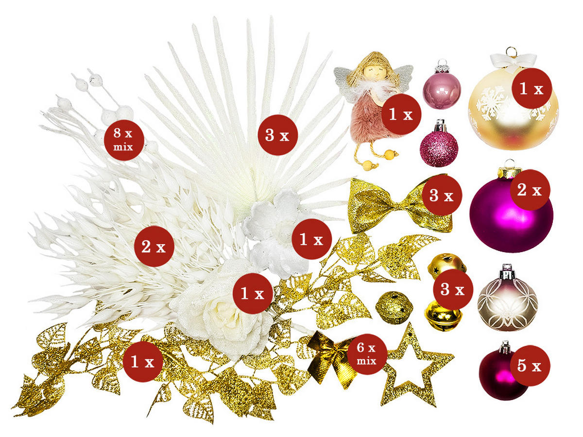 WEIHNACHTSBAUM künstlicher 60 cm mit LED-Beleuchtung, ROSENZAUBER II, mit 37 Weihnachtsbaumschmuck, Pflanztopf mit Jutesack - Pink/Goldfarben, Kunststoff/Stein (40/60cm) - LAALU
