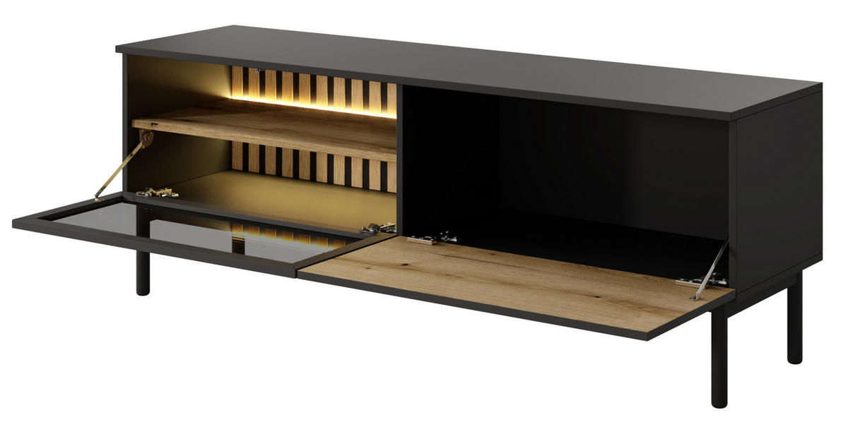 TV-SCHRANK mit Glas 150 cm Jotare, LED, Schwarz, Eiche Evoke - Schwarz, Holz (150/55/39cm) - Emporius
