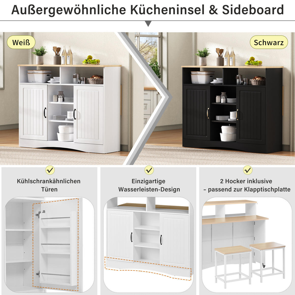 KÜCHENINSEL 110/34-68/97,5 cm weiß mit klappbarer Arbeitsplatte auf Rollen - Weiß, Holzwerkstoff (110/97.5/68cm) - OKWISH