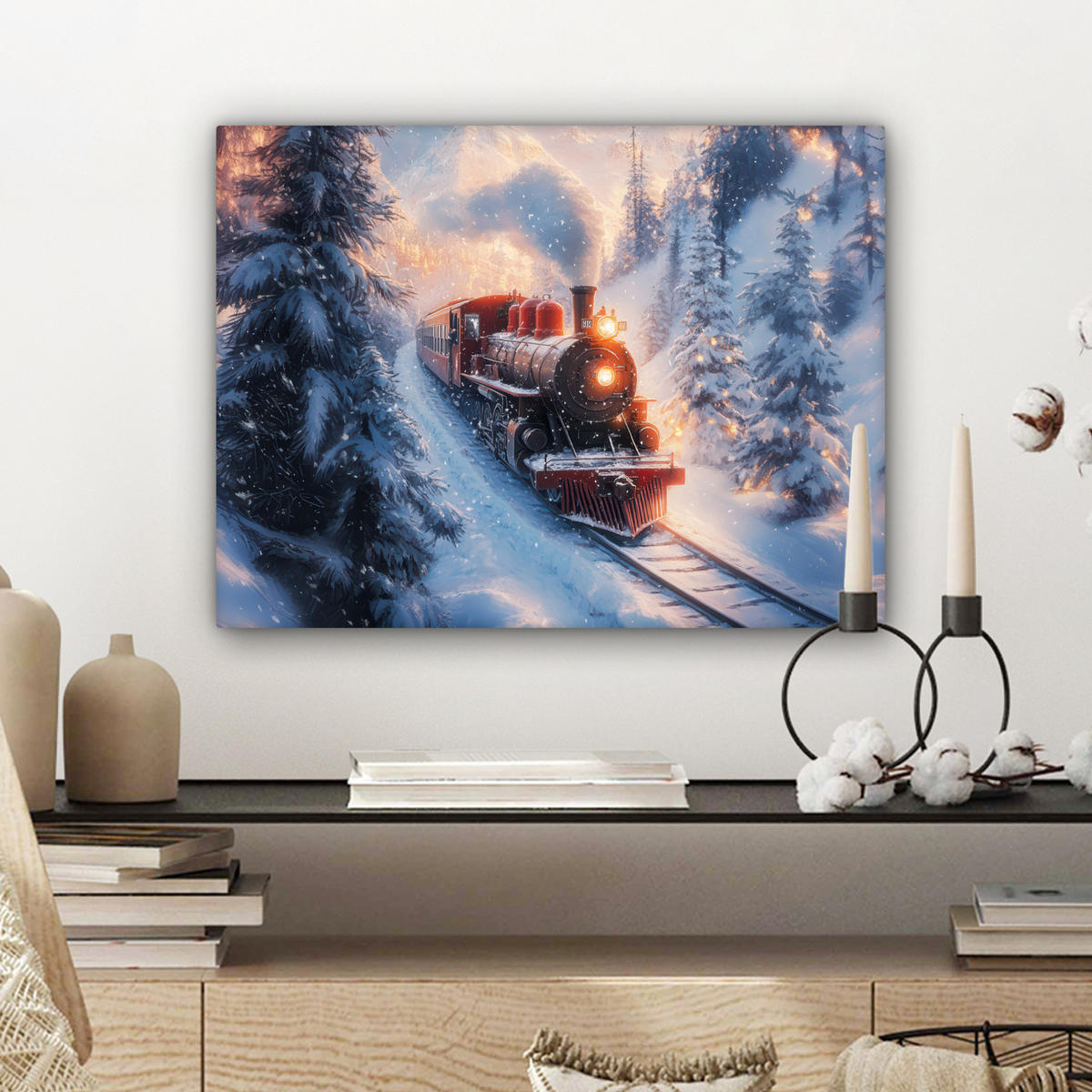 LEINWANDBILD Weihnachtszug - Schnee - Winter - Weihnachten 40x30 cm - Dunkelrot, Textil (40/30cm) - MuchoWow