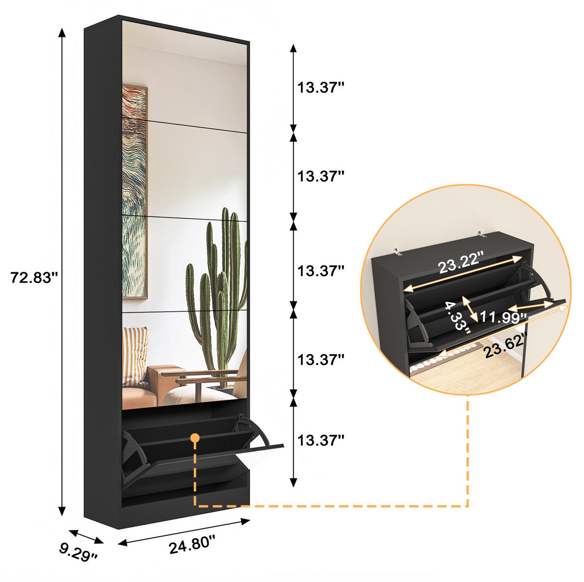 SCHUHSCHRANK 63/24/185 cm schwarz aus MDF mit Spiegel und 5 Klappen - Schwarz, Holzwerkstoff (63/185/24cm) - OKWISH