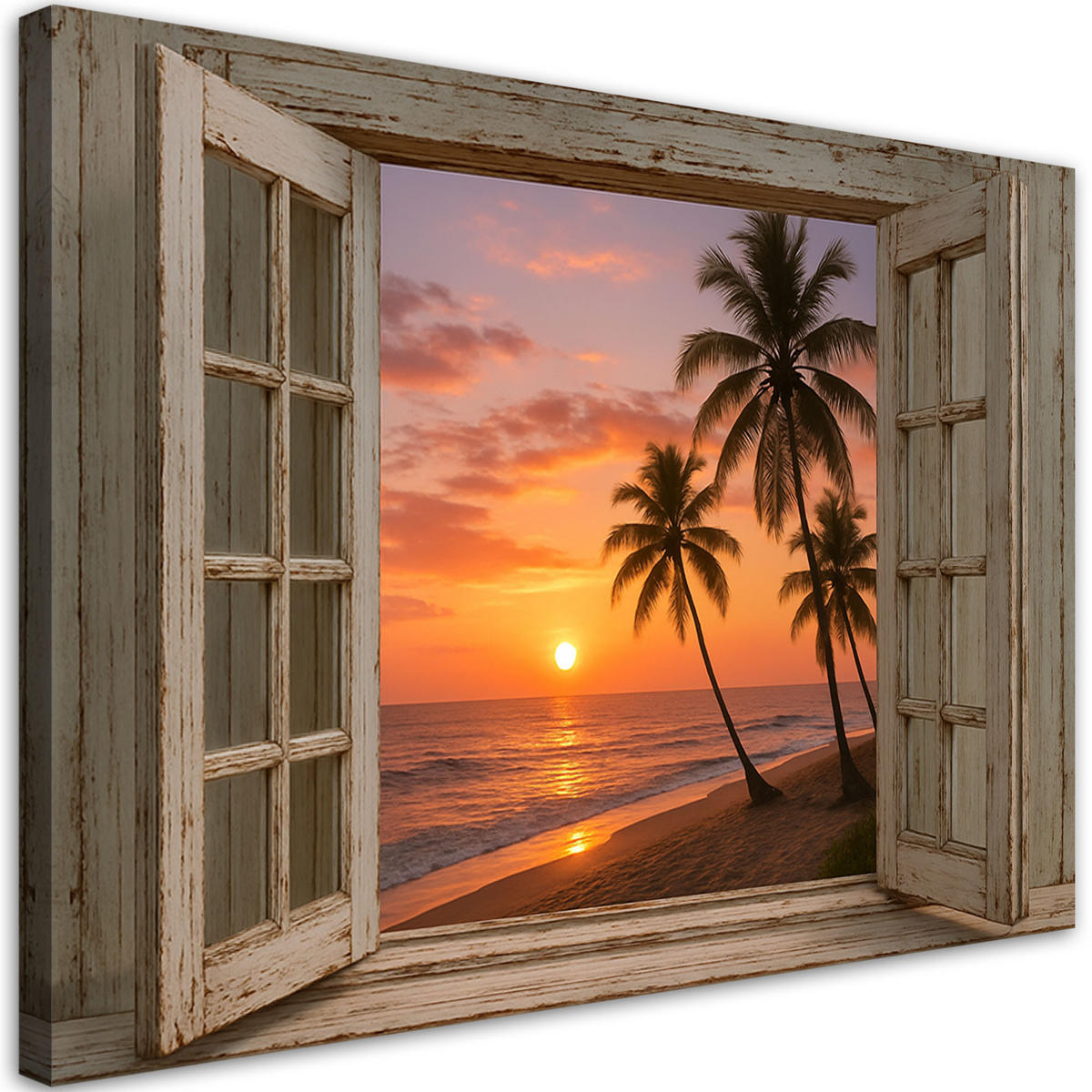 LEINWANDBILD Fensterblick Sonnenuntergang Strand Palmen 120x80cm - Orange, Textil (120/80cm) - Feeby