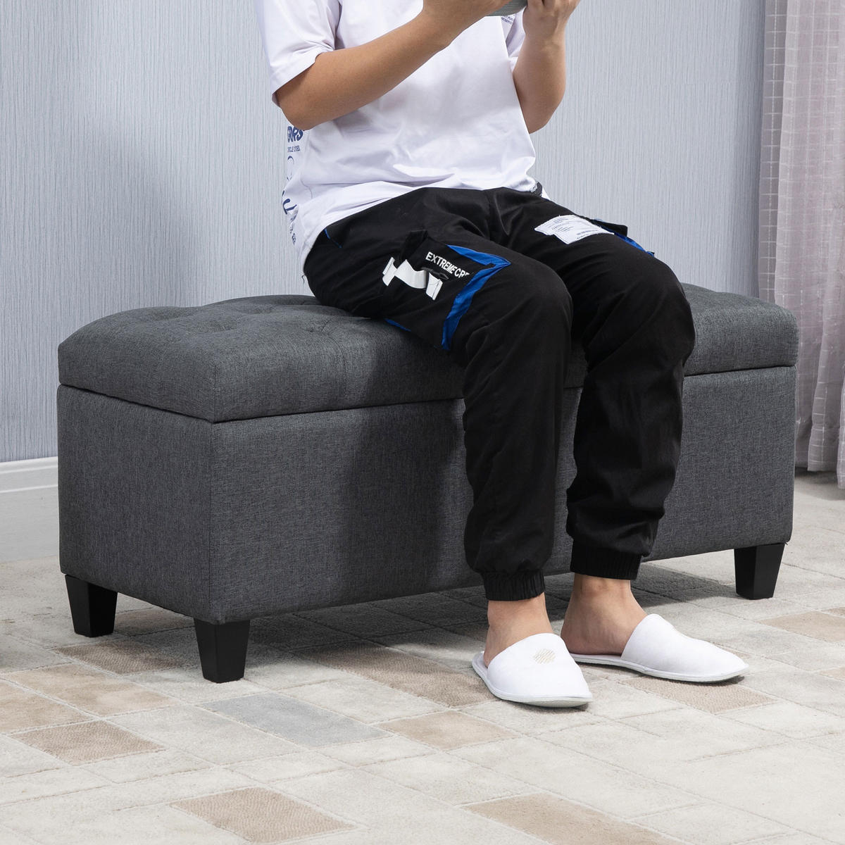 TRUHENBANK DE-07189 Leinenoptik, Holzbeine, bis 220 kg Dunkelgrau - Dunkelgrau, Holz/Textil (40/44/100cm) - ComfortXL