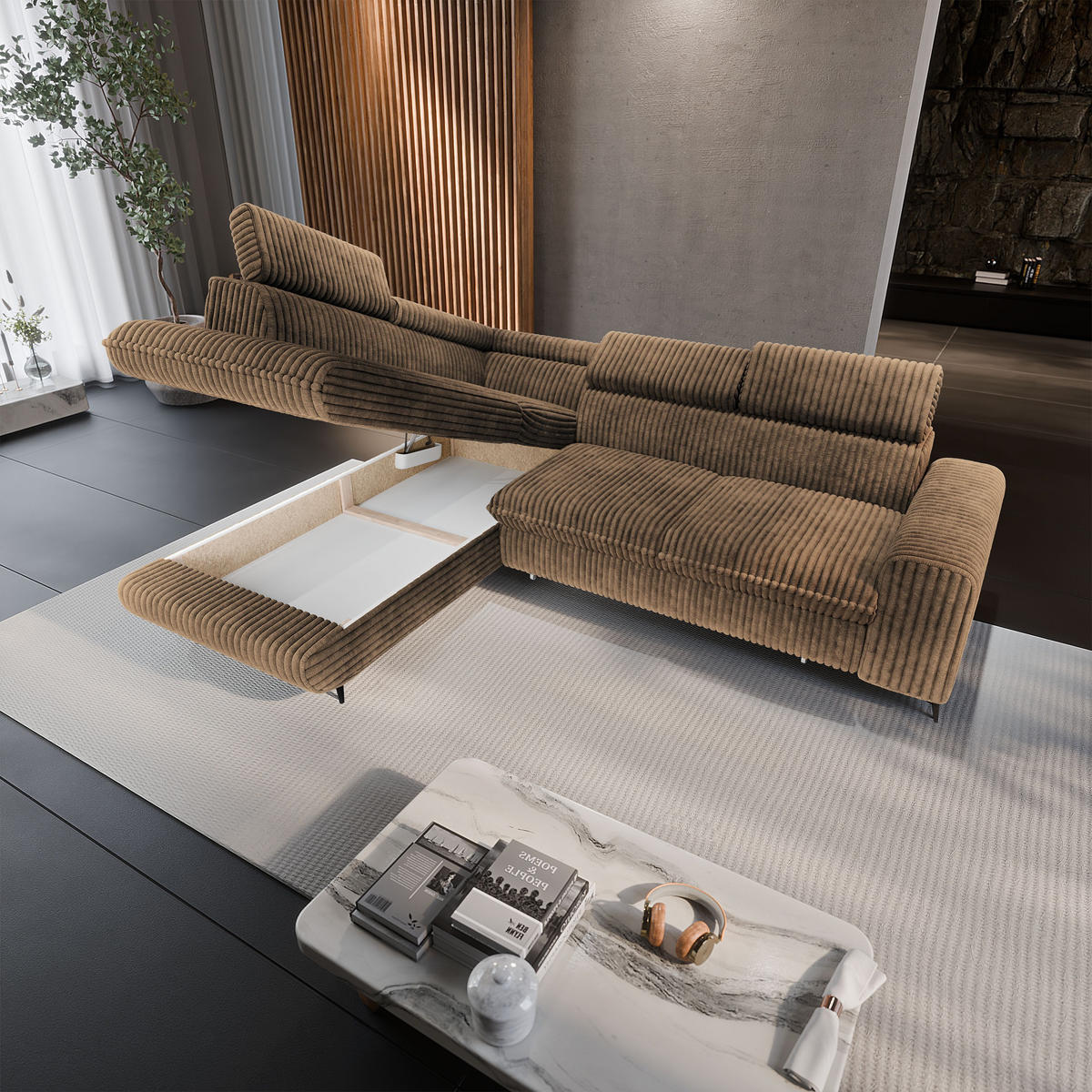 ECKSOFA VELISS Beige Kordstoff mit Schlaffunktion - Beige, Holz (255/193cm) - MASSENO