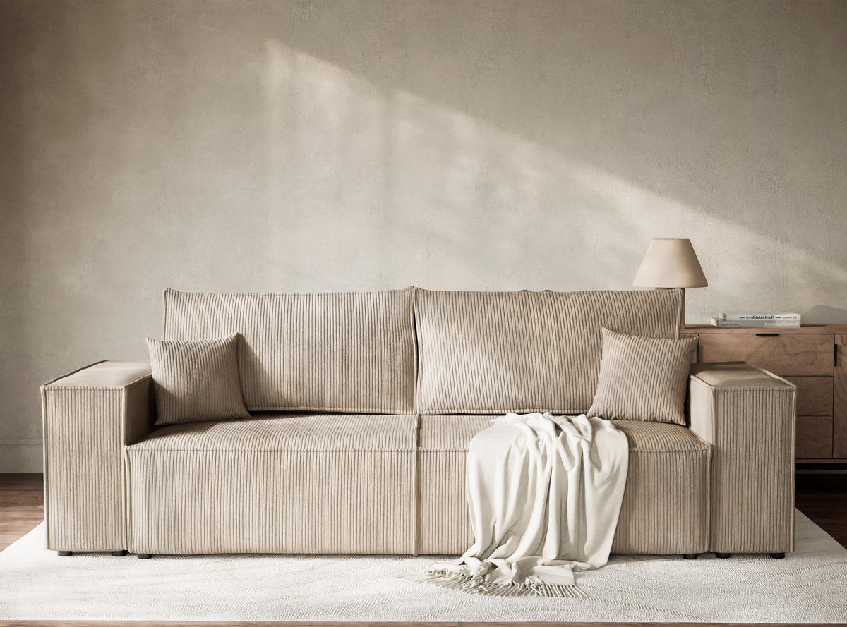 SOFA MIT SCHLAFFUNKTION Milos Beige Samtstoff - Beige/Schwarz, Holz/Holzwerkstoff (255/70/105cm) - Maison de Reve