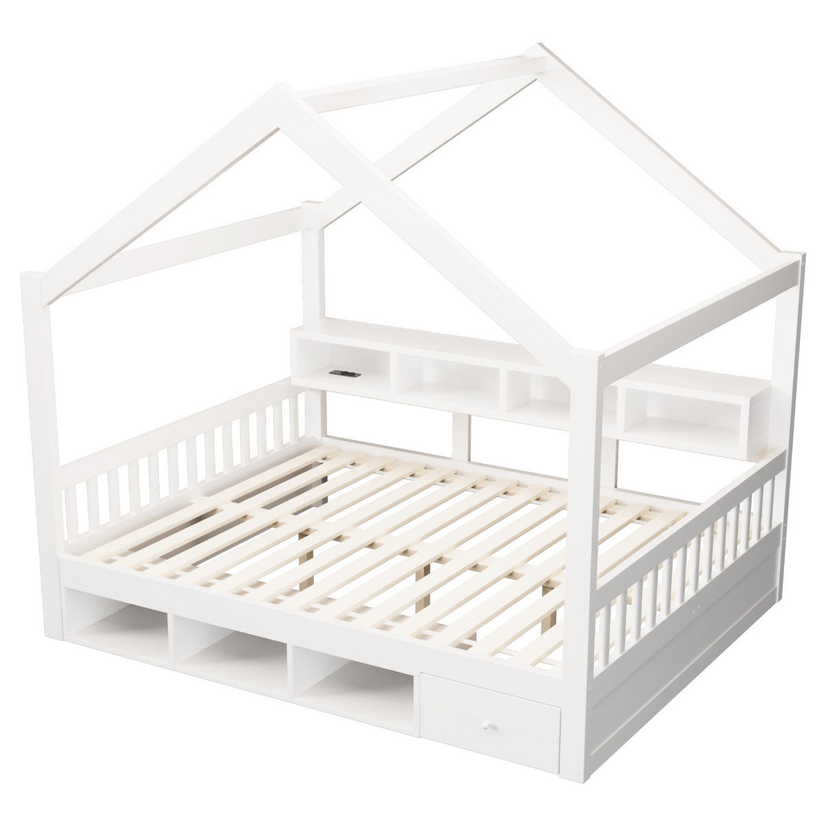 HAUSBETT 140/200 cm mit Dachrahmen, Stauraum und LED, DE-41651, in Weiß - Weiß, Holzwerkstoff (140/200cm) - ComfortXL
