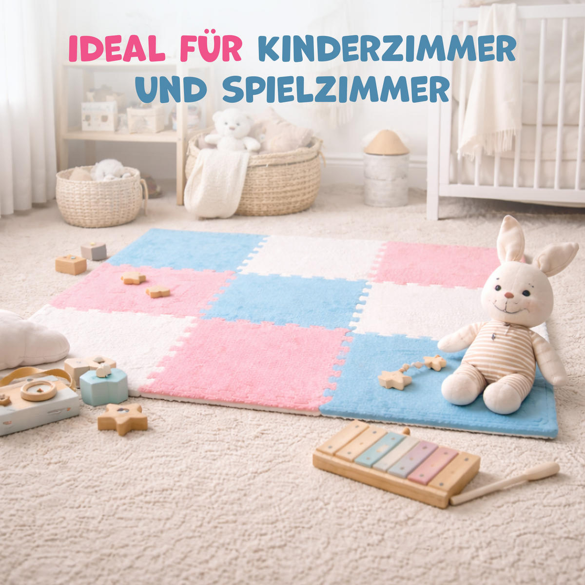 PUZZLETEPPICH für Kinderzimmer 30x30x1cm ( 18 Stück ) - Weiß/Rosa, Kunststoff (30/30cm) - Bestlivings