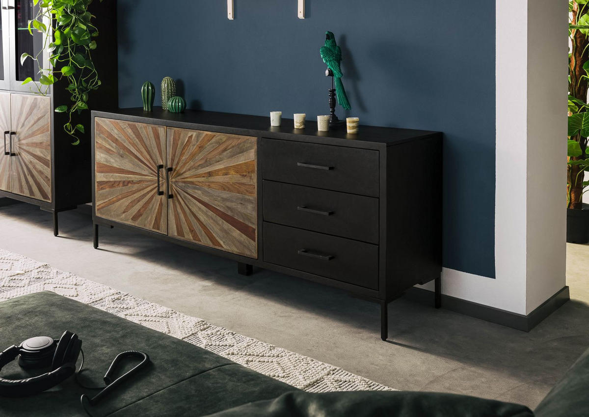 SIDEBOARD Sheesham 178x45x75 schwarz lackiert SUN #100 - Schwarz, Holz (178/75/45cm) - Massivmoebel24