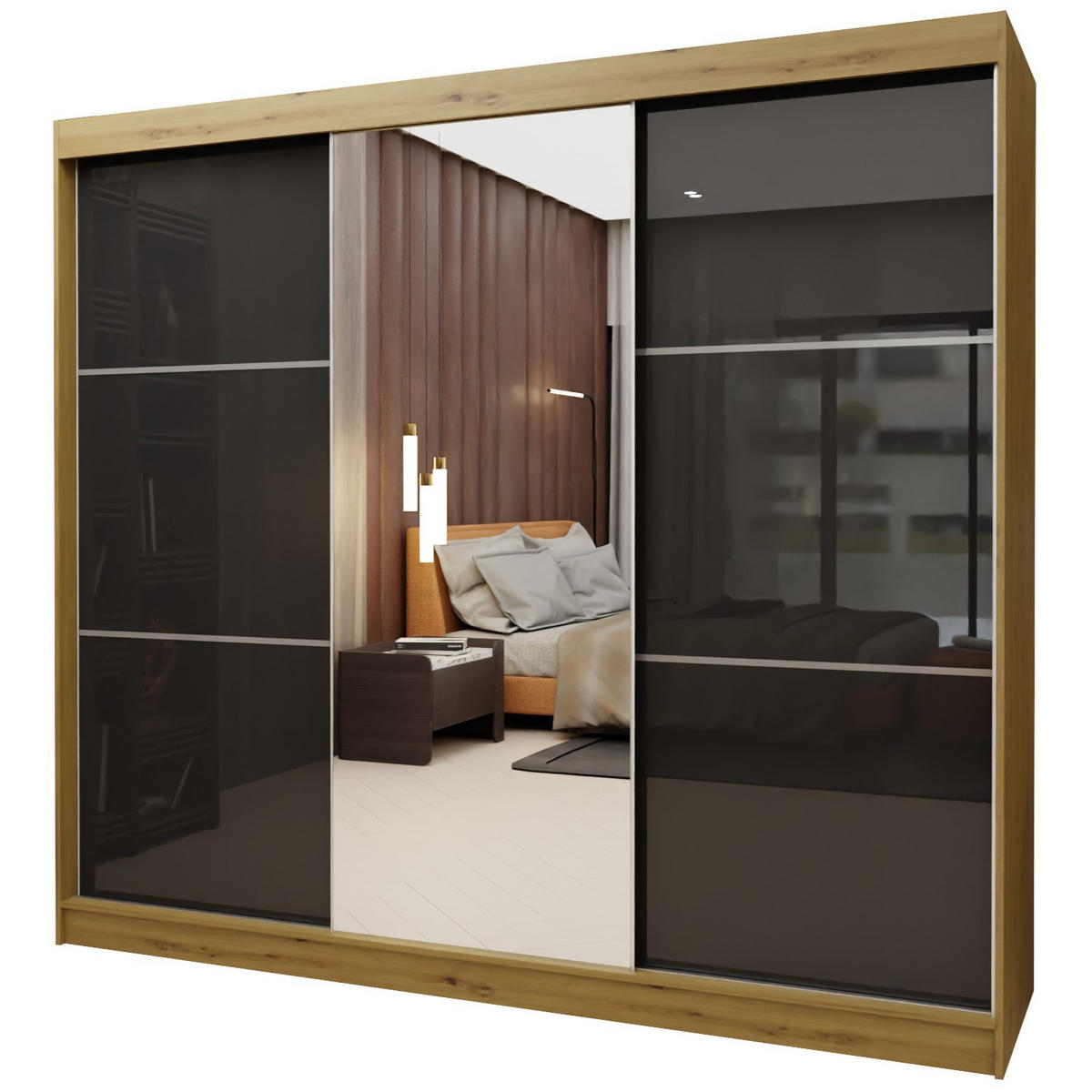 SCHWEBETÜRENSCHRANK VITALE 240/216/61 cm 3-türig mit Spiegel Eiche Artisan - Schwarz/Eiche Artisan, Holzwerkstoff (240/216/61cm) - MASSENO