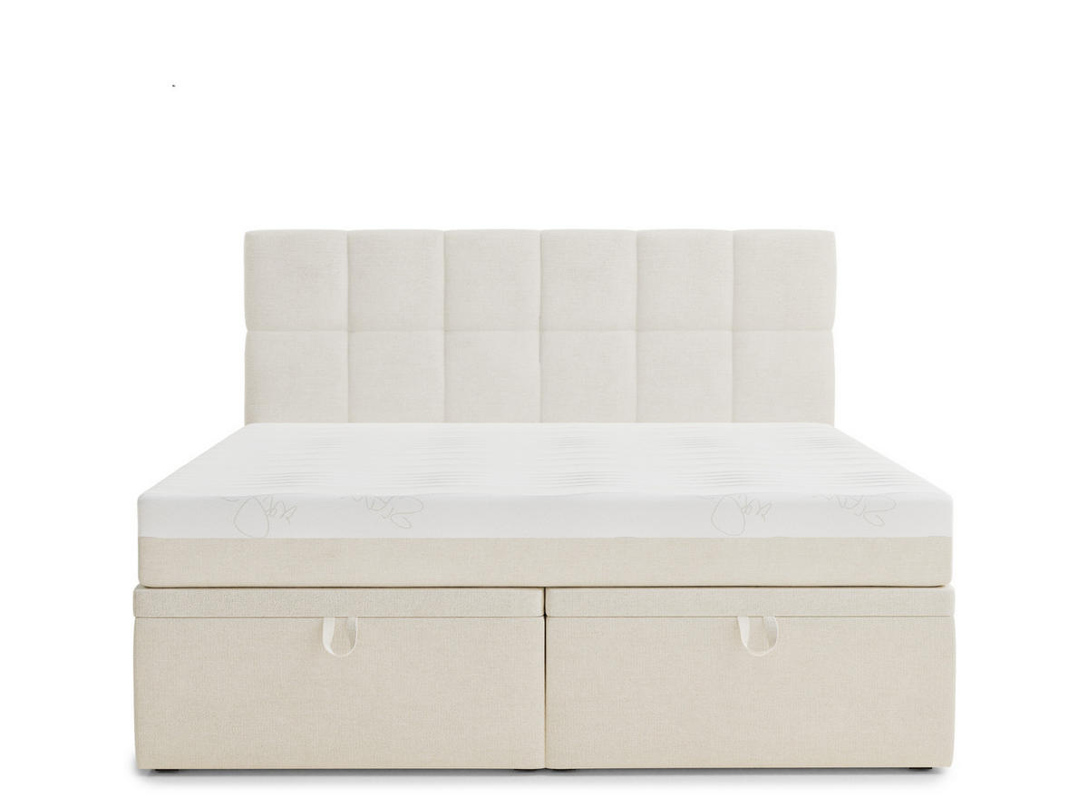 BOXBETT 140/200 cm Gotu M, in Creme, Matratze, gepolstertes Kopfteil, Bettkasten, H3 = fest - Creme/Schwarz, Holz/Holzwerkstoff (140/200cm) - Maison de Reve