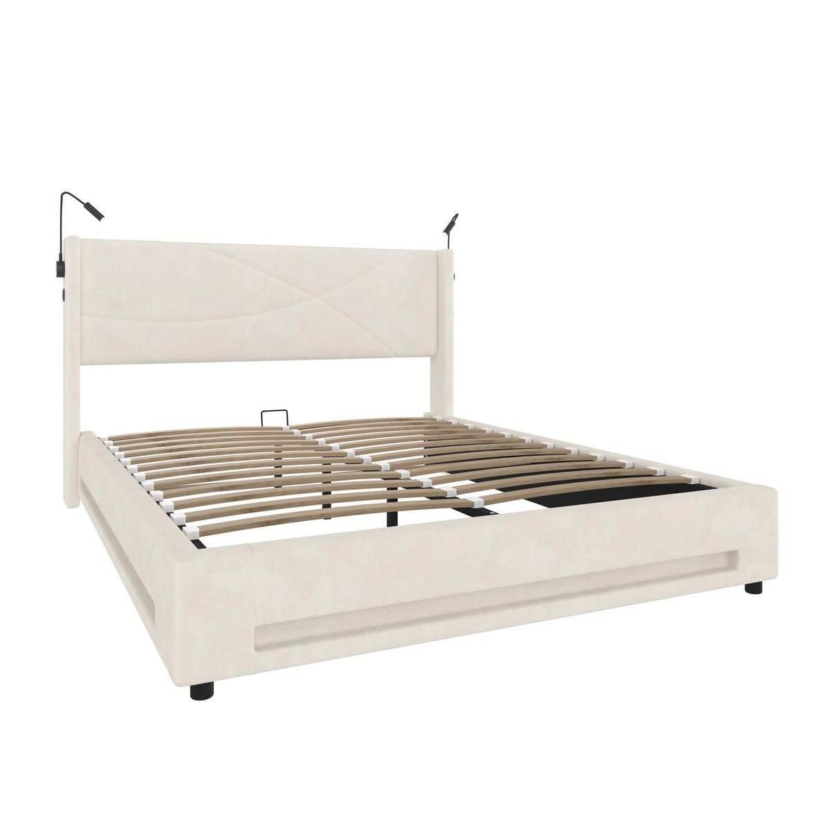 BETTGESTELL 140/200 cm Beige mit LED-Lichtleisten und hydraulischem Stauraum - Beige, Textil (140/200cm) - OKWISH