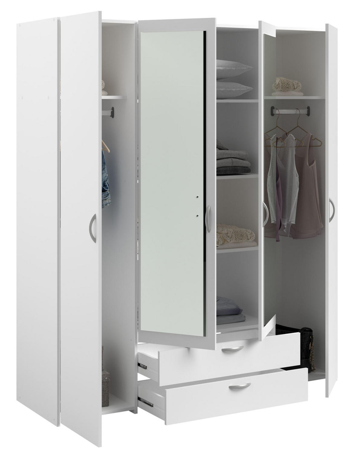 KLEIDERSCHRANK 4-trg. mit Spiegel Parisot Daily 3 Holzdekor Weiß - Weiß, Kunststoff (160/185/51cm) - 58aufmkessel