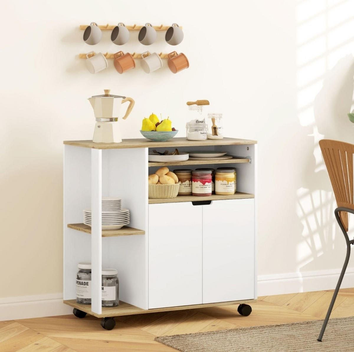 KÜCHENINSEL 80/40/82 cm mit Rollen, verstellbarem Regal und Schrank, Naturholz/Weiß - Weiß, Holz (80/82/40cm) - Redom