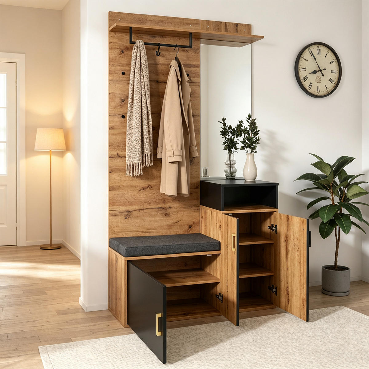 GARDEROBEN-SET mit 4 Kleiderhaken, Spiegel, Schuhschrank, Flurbank - Schwarz, Holz (38.5/190/104cm) - Meubles Cosy