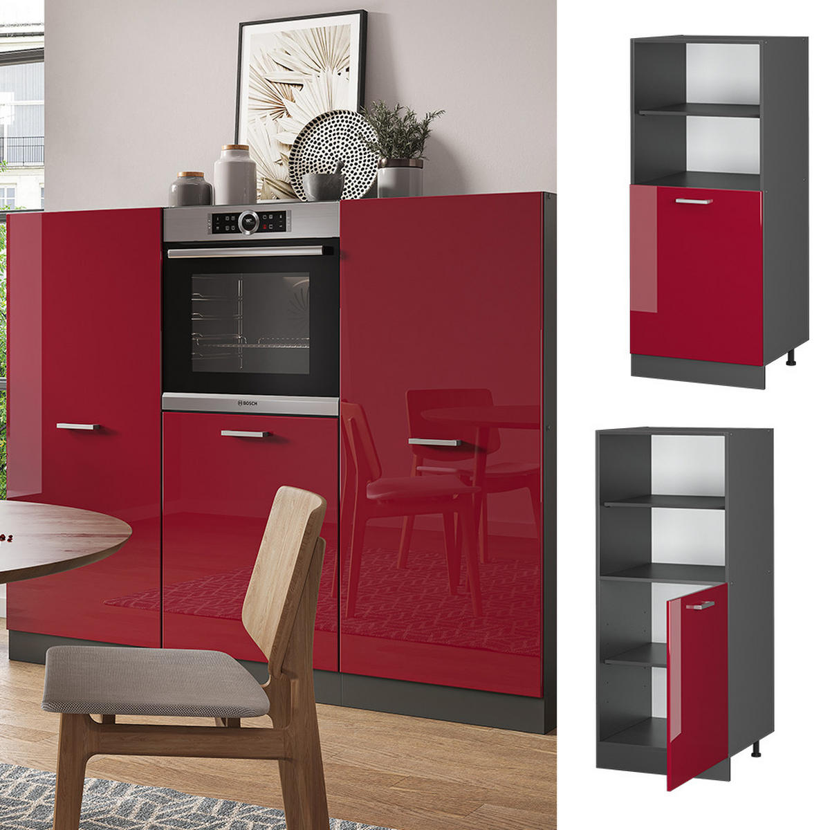HERDUMBAUSCHRANK R-Line Rot Hochglanz 60 cm - Bordeaux/Anthrazit, Holzwerkstoff (60/143/57cm) - Vicco