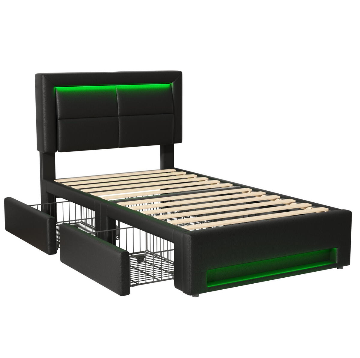 POLSTERBETT 90/200 cm mit USB-Anschluss, LED-Beleuchtung und 4 Schubladen in PU, Schwarz - Schwarz, Kunststoff (90/200cm) - Redom