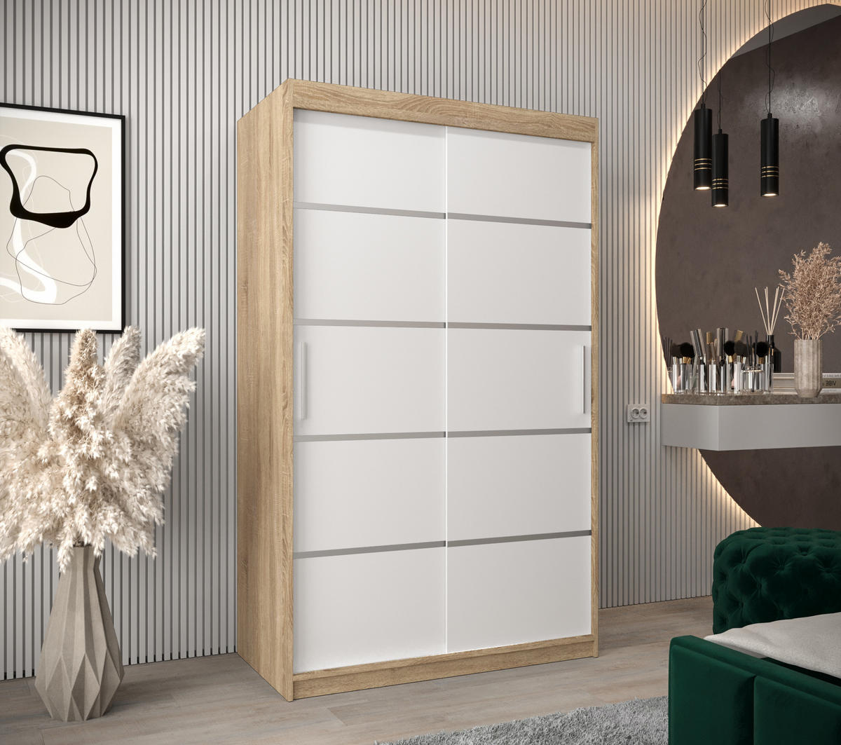 SCHWEBETÜRENSCHRANK 200/120/62 2-türig - Silberfarben/Weiß, Holz/Kunststoff (120/200/62cm) - MÖBEL KRYSPOL