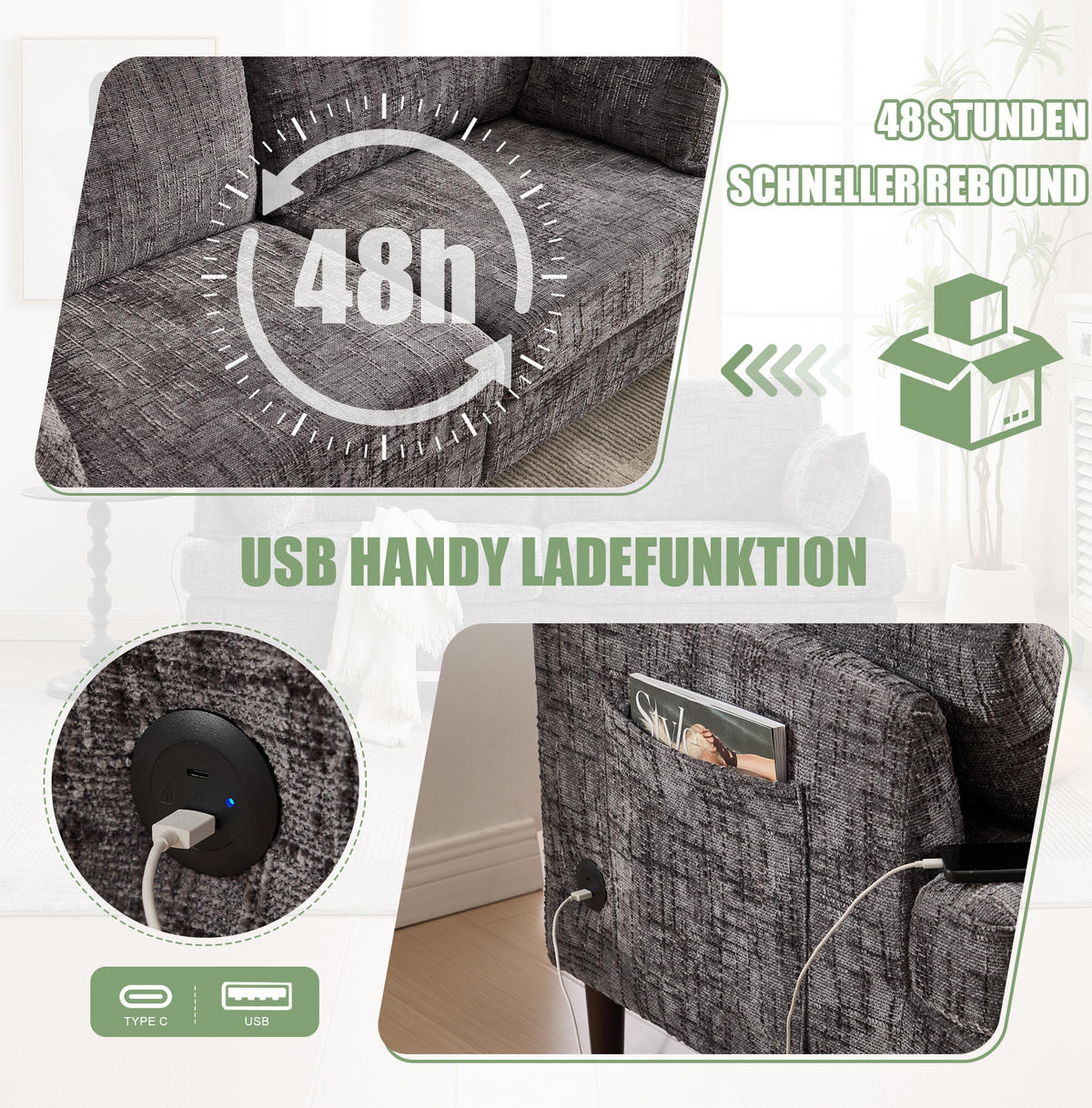 2-SITZER 175/83/78 cm grau aus Chenille mit USB, LED und Tasche - Grau, Textil (175/78/83cm) - OKWISH