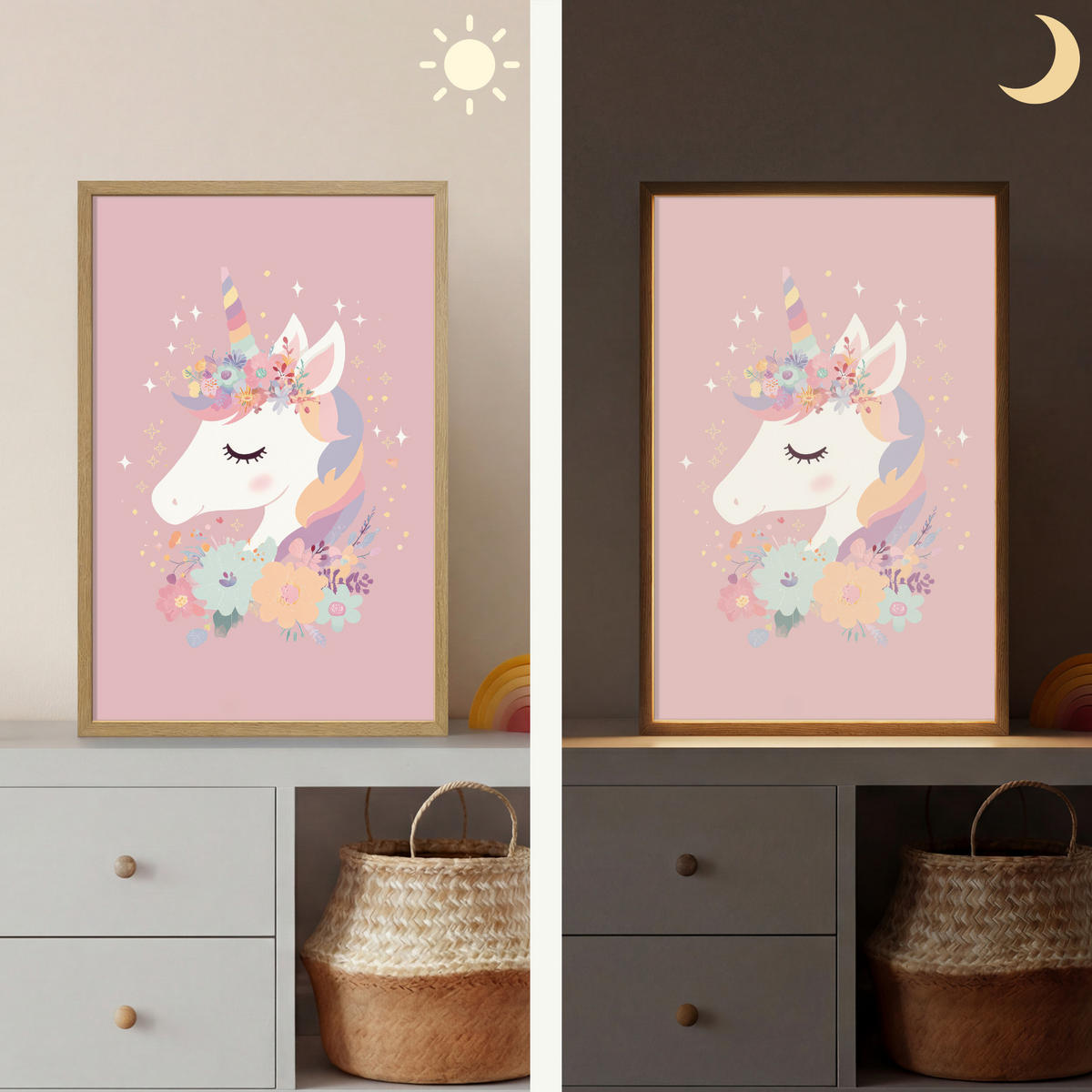 NÁSTĚNNÁ LAMPA S AKUMULÁTOREM Jednorožec - růžová - květiny 40x60 cm - růžová, kompozitní dřevo (40/60/8cm) - OnlyWow