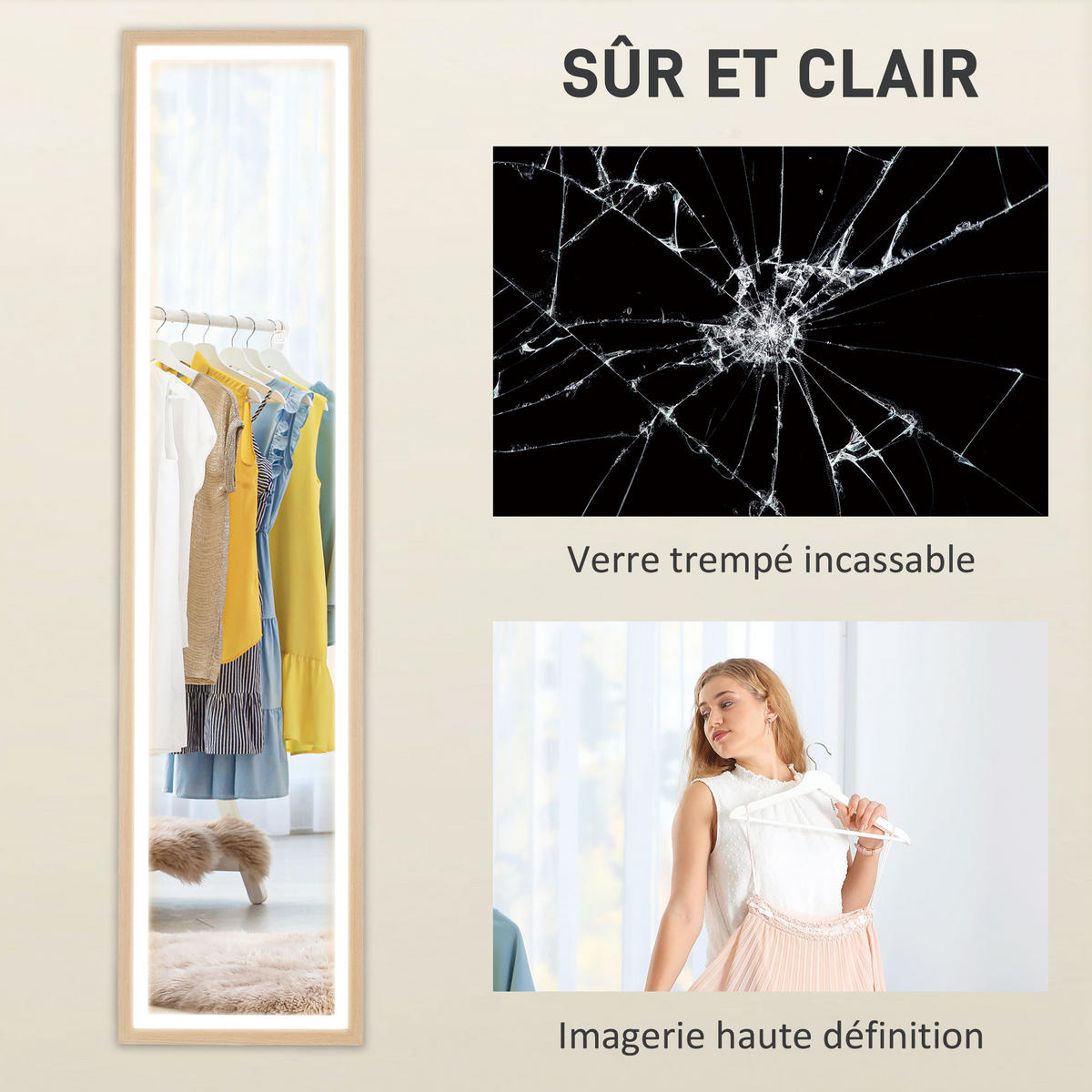STANDSPIEGEL DE-17922 40x160 cm mit 3-farbiger LED & Memoryfunktion Eiche - Eichefarben, Glas (40/160/5cm) - ComfortXL