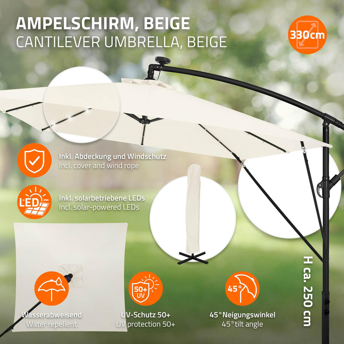AMPELSCHIRM Ø 330 cm in Beige aus Aluminium mit LED-Solar - Beige, Metall (330/330cm) - ML-DESIGN