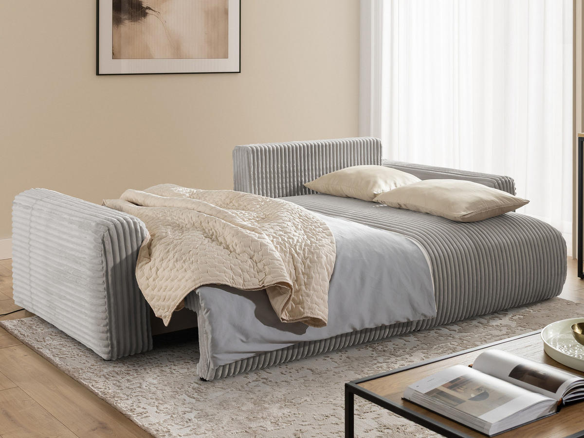 ECKSOFA Calma mit Schlaffunktion und Bettkasten im Bumpy-Design aus weichem Taupe Plüschcord - Ottomane rechts - Taupe/Schwarz, Holz/Kunststoff (140/239cm) - S-Style