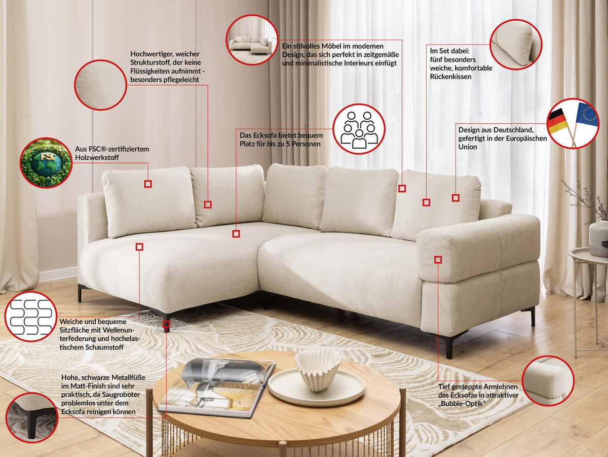 ECKSOFA Cardea in Bubble-Optik aus weichem Hellbeige Strukturstoff mit hohem Sitzkomfort - Ottomane links - Beige/Schwarz, Holz/Textil (170/230cm) - S-Style Möbel