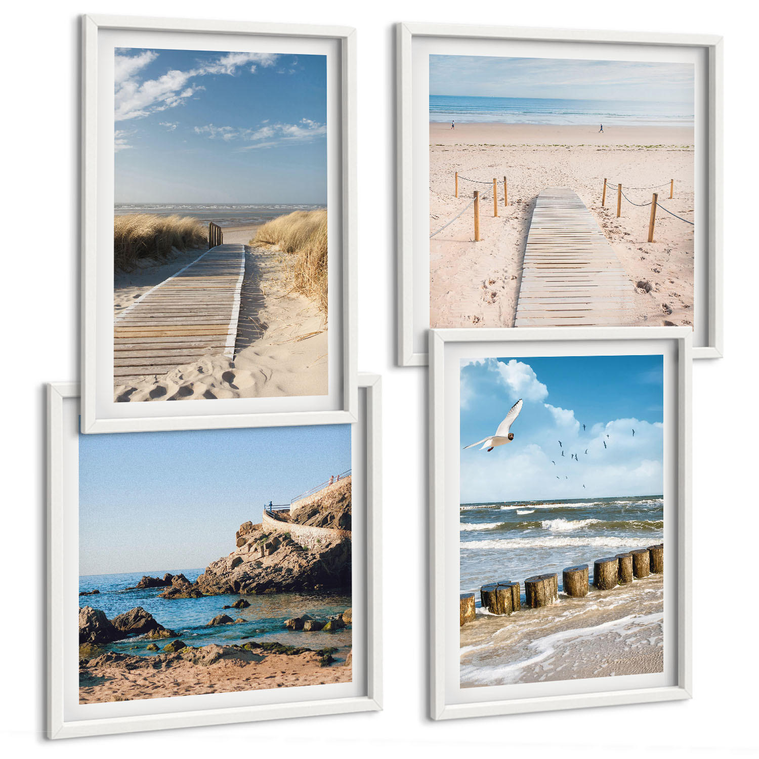 BILDER SET 4er Set - 50x50 cm & 40x60 cm Weißer Rahmen - Strand, Sand, Wellen, Himmel, Vögel - Weiß, Kunststoff (50/50cm) - TULUP